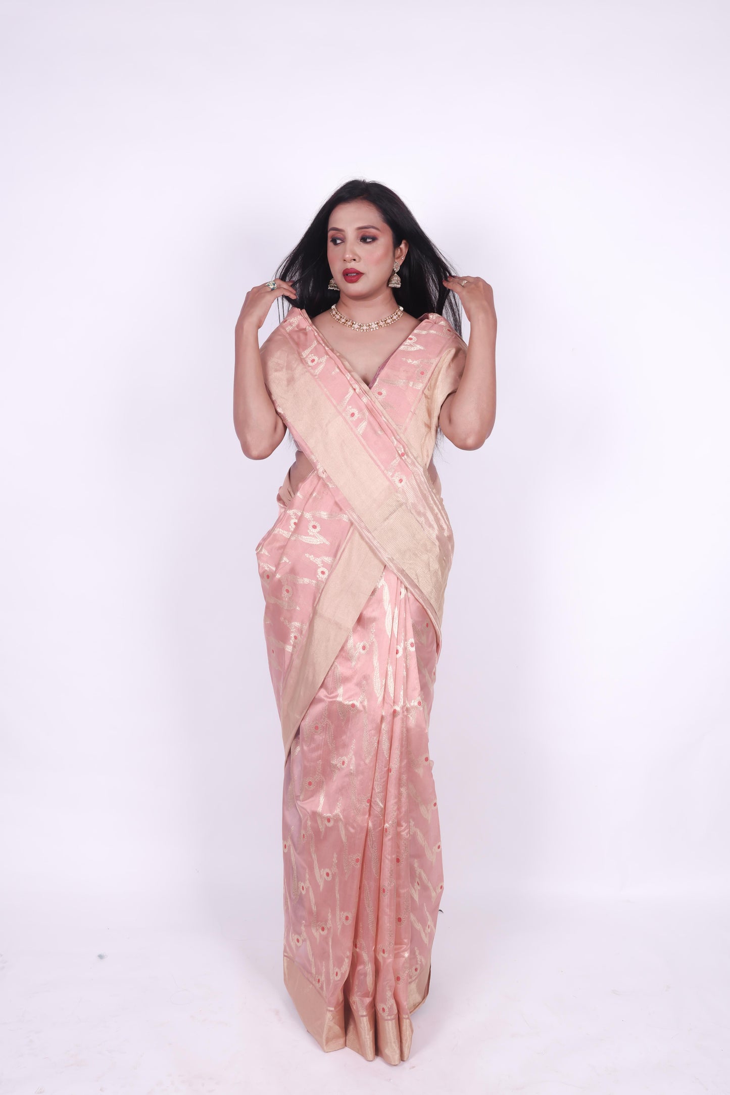 Peach pink pure chanderi silk handwoven zaal saree,1