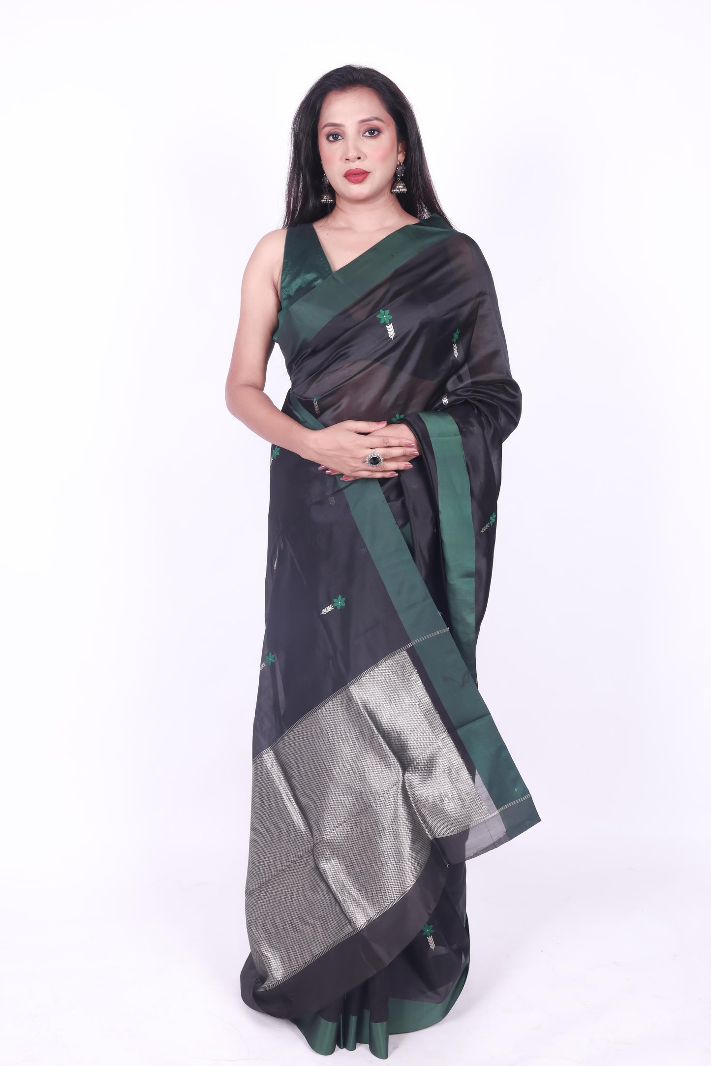 Black pure chanderi silk handwoven saree with meenakari butti and silk border,2
