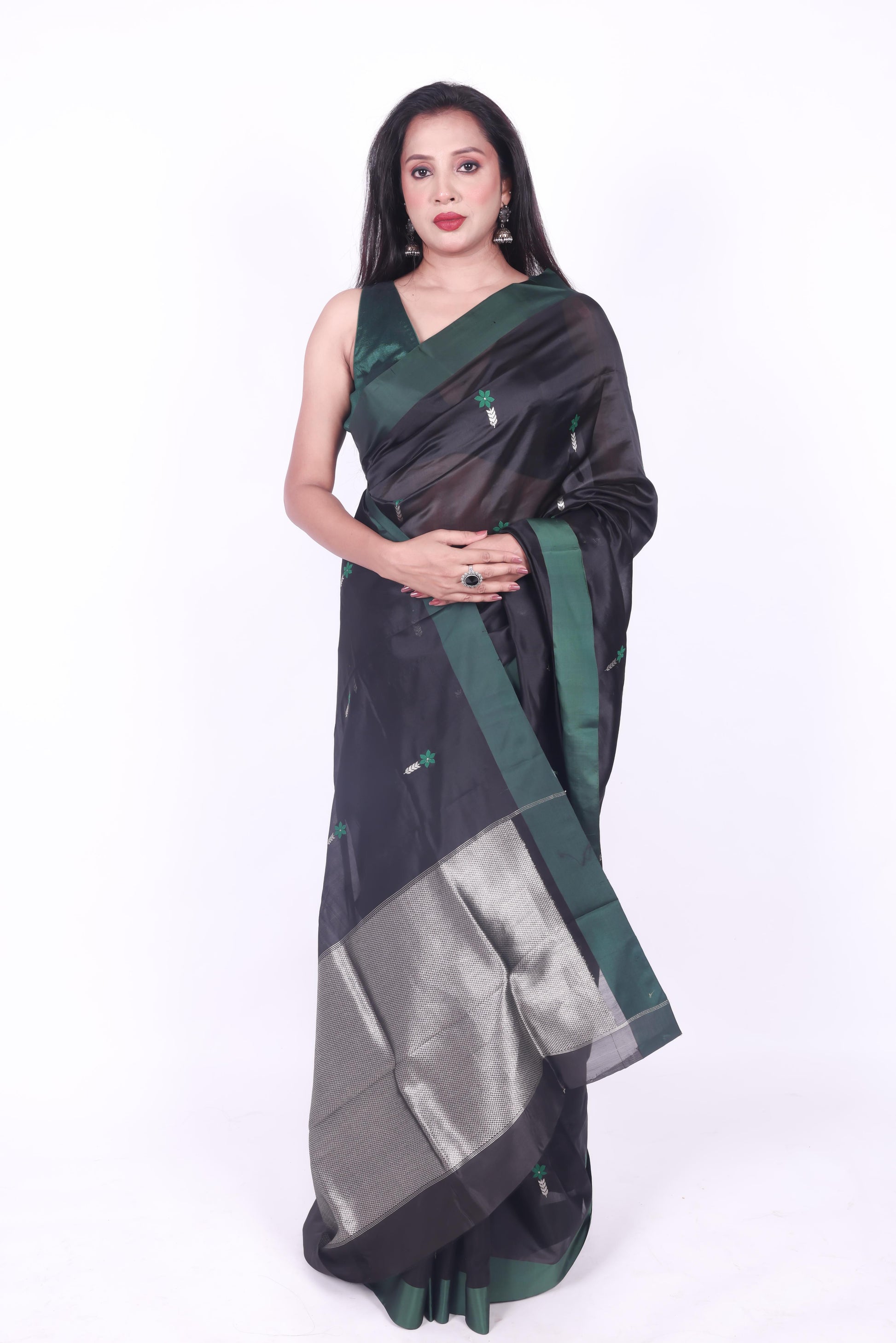 Black pure chanderi silk handwoven saree with meenakari butti and silk border,2
