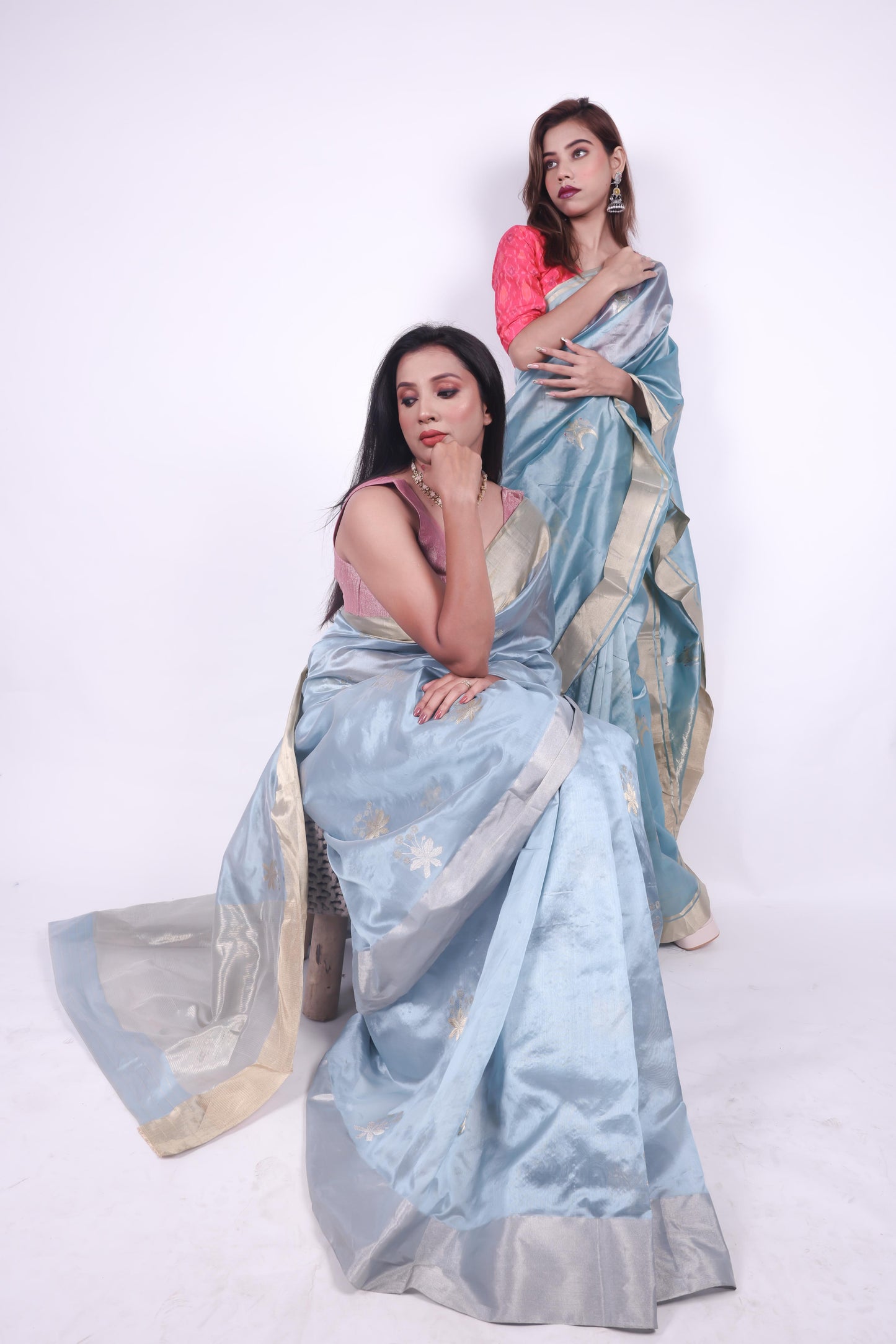 Iced blue pure chanderi silk handwoven saree with meenakari phool butti,3