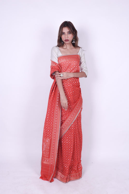 Red pure cotton jamdani handwoven Banarashi zaal saree with ambi weave on pallu,1