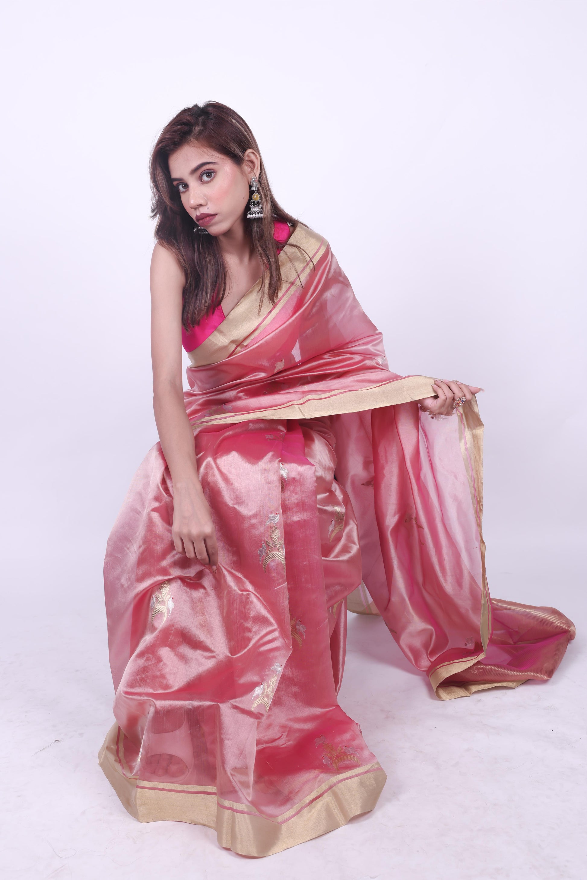 Pink pure chanderi silk handwoven saree with eknaliya Chand Chidiya motif,3