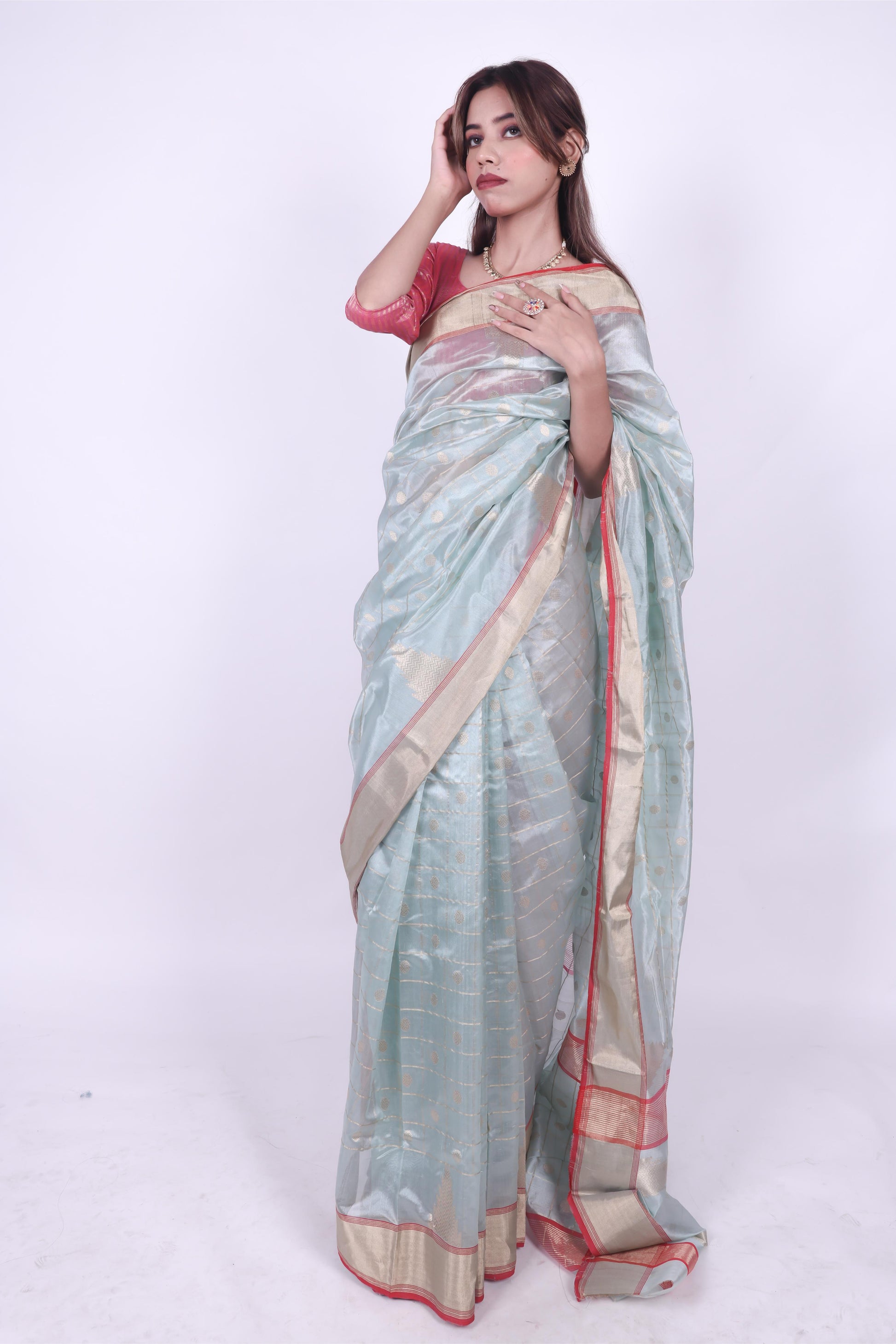 Iced blue pure handwoven chanderi silk saree with  woven zari checks and polkas,3