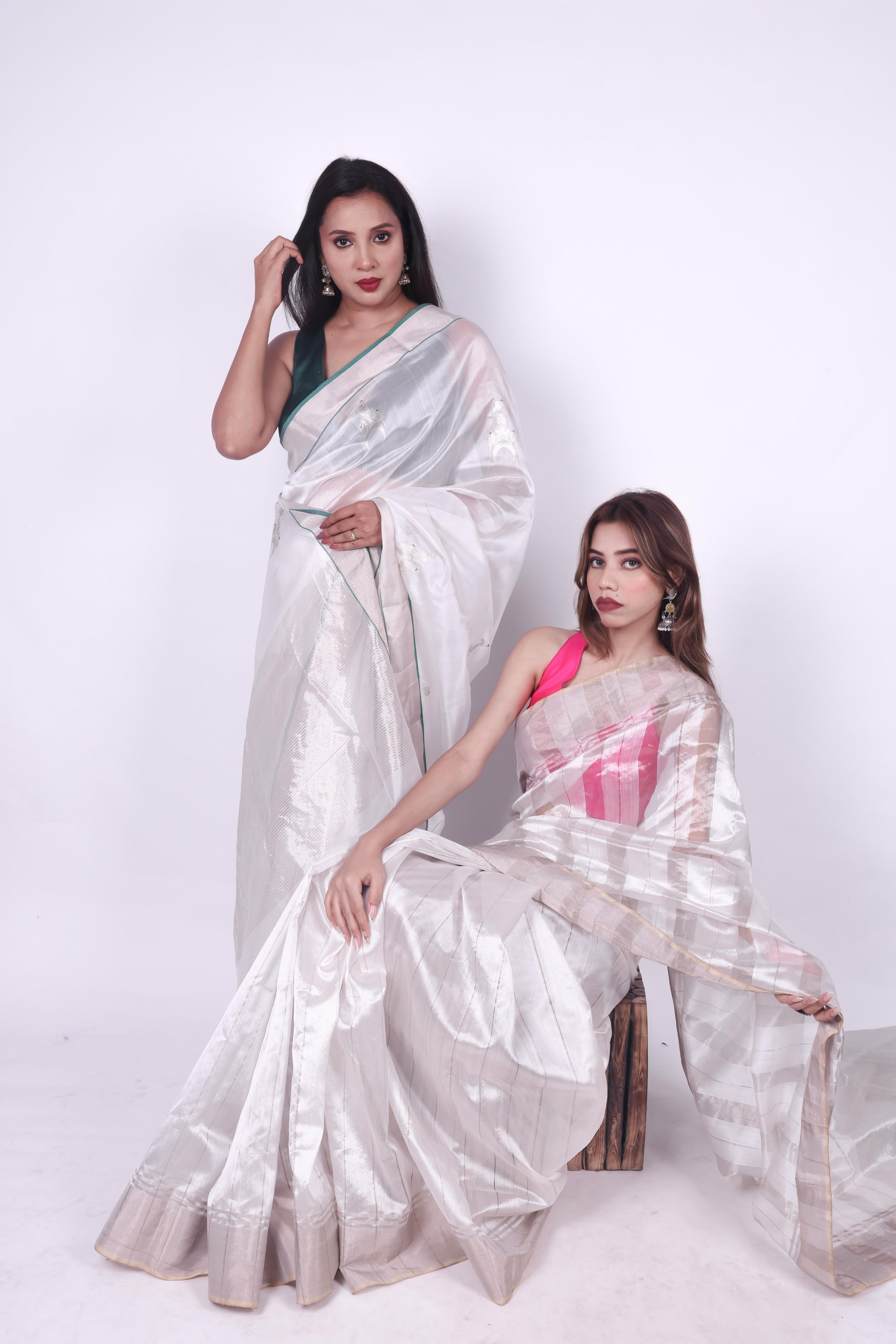 White pure handwoven chanderi silk and tissue stripe saree,2
