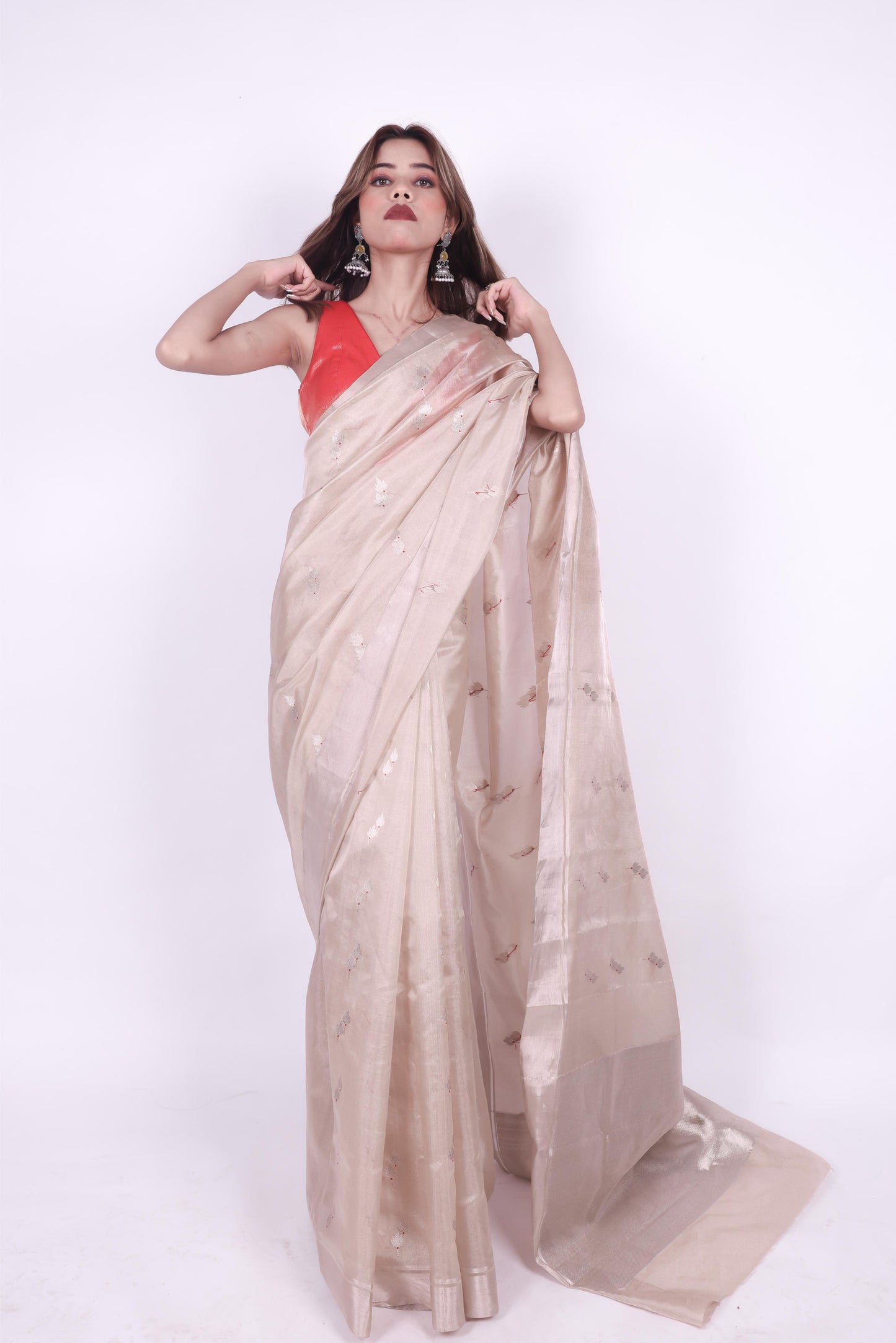 Beige pure chanderi tissue silk saree with meenakari butti,3