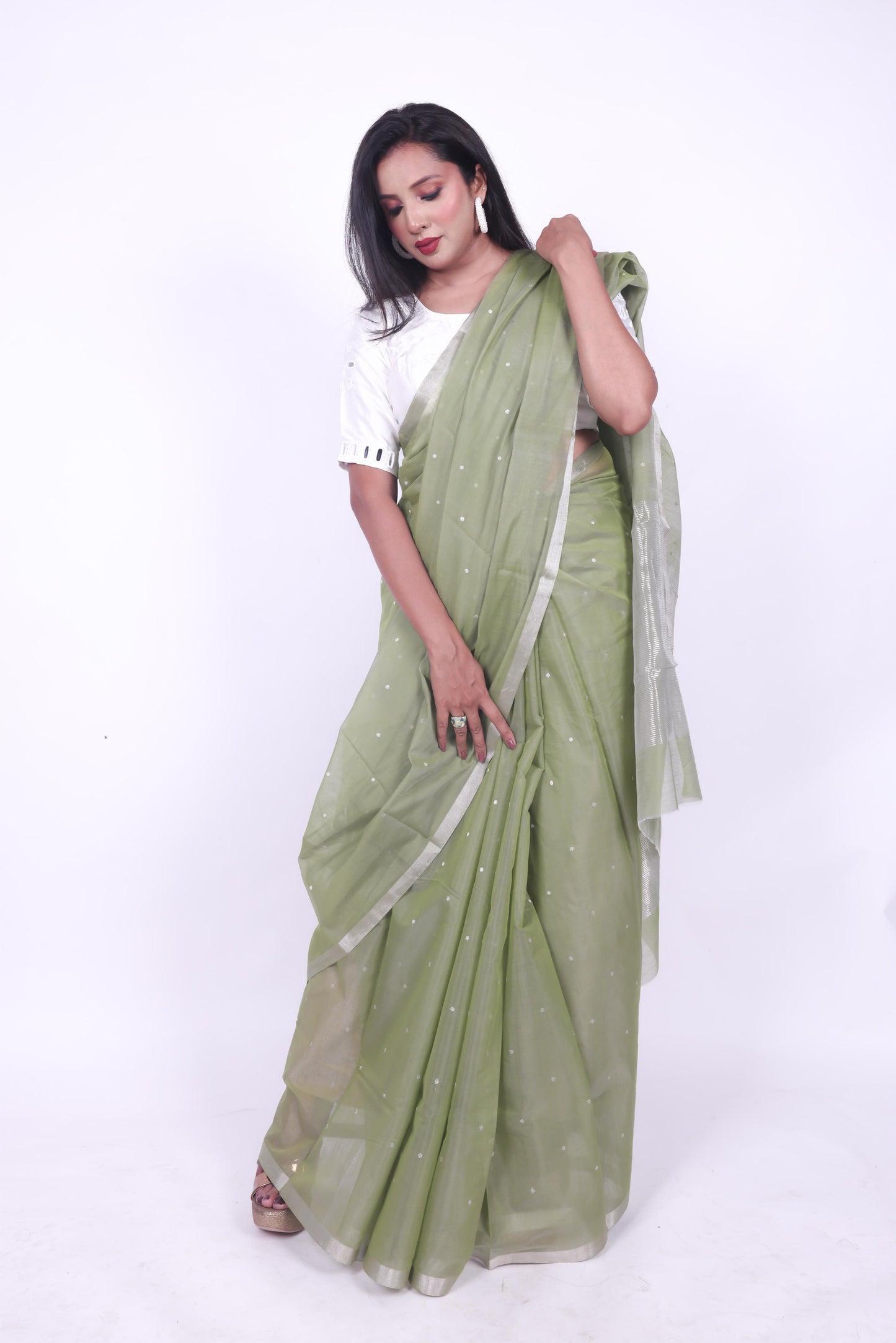 Pista green  pure chanderi cotton star butti saree with silver selvage