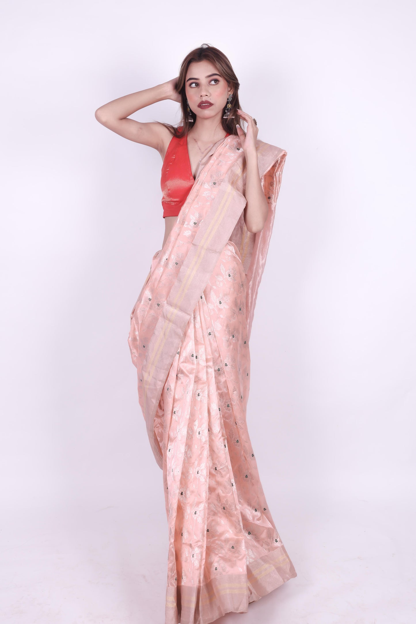 Peach pink pure chanderi silk handwoven saree with phool patti zaal weaving,2