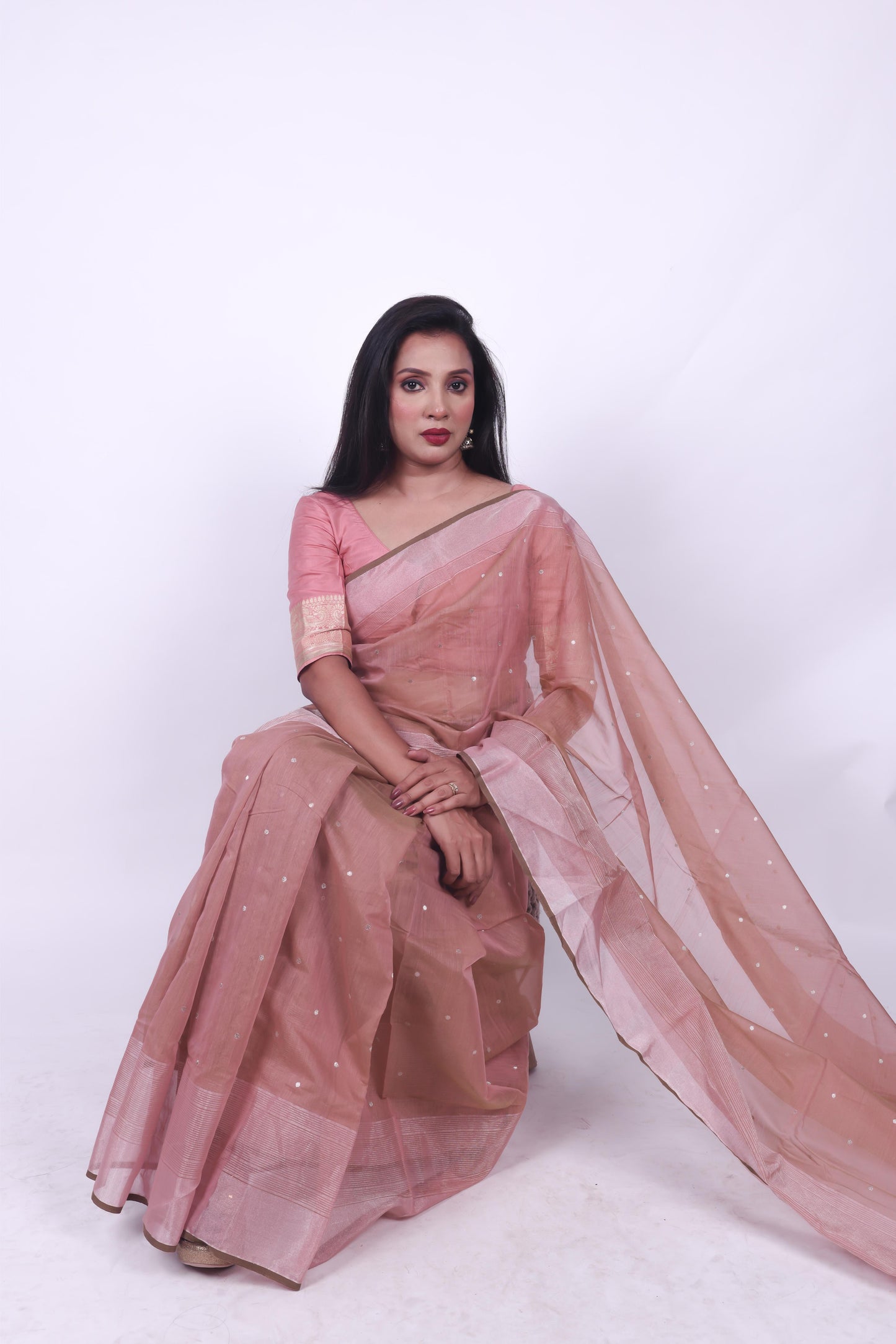 Dusty pink pure chanderi cotton saree with zari border and star butti,3
