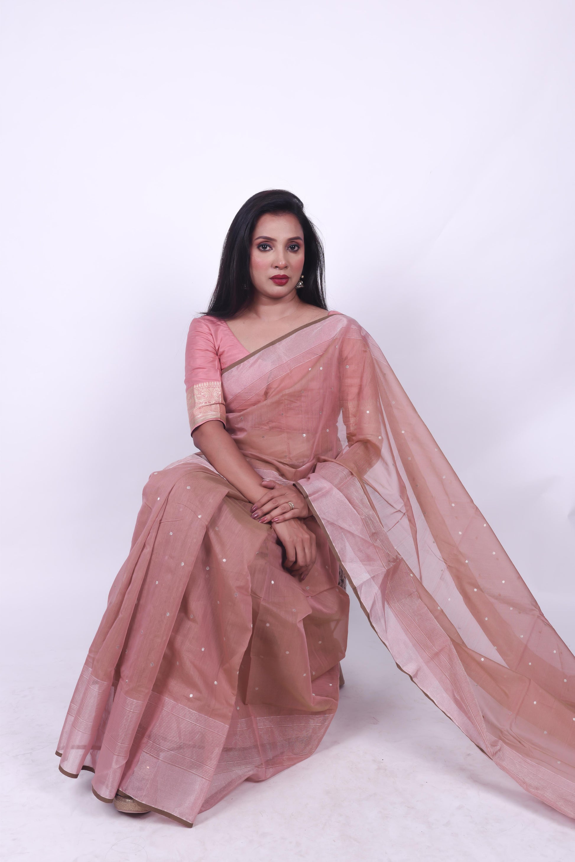 Dusty pink pure chanderi cotton saree with zari border and star butti,3