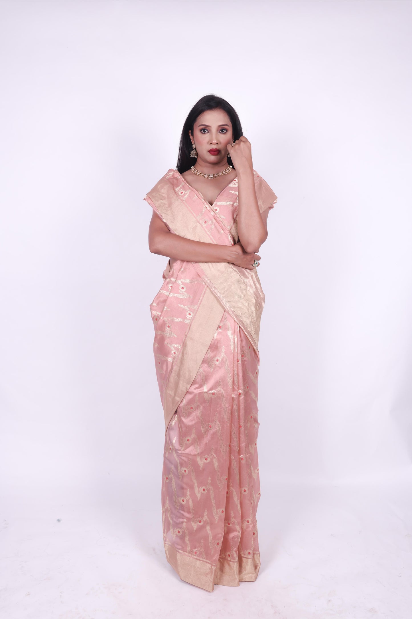 Peach pink pure chanderi silk handwoven zaal saree,4