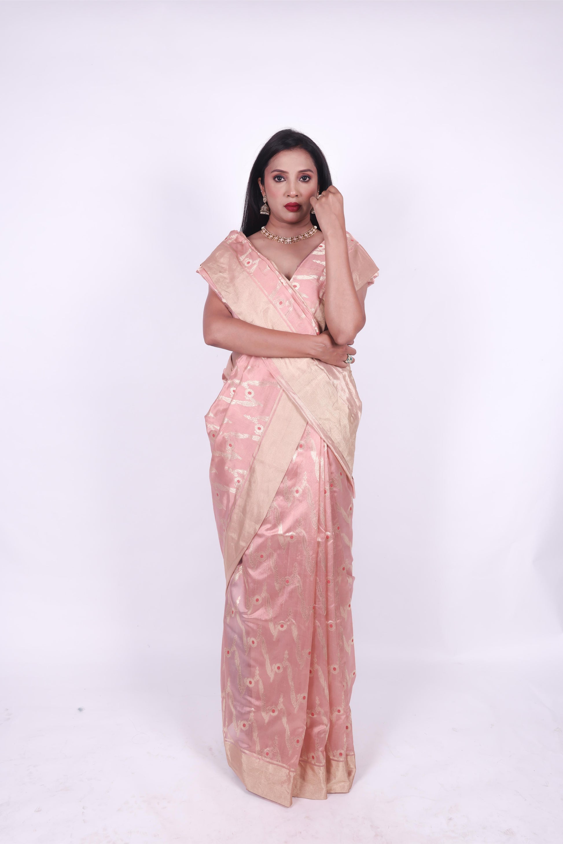 Peach pink pure chanderi silk handwoven zaal saree,4