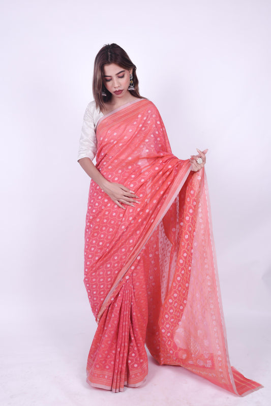 Rose pink pure cotton jamdani handwoven Banarashi zaal saree with ambi on pallu,1