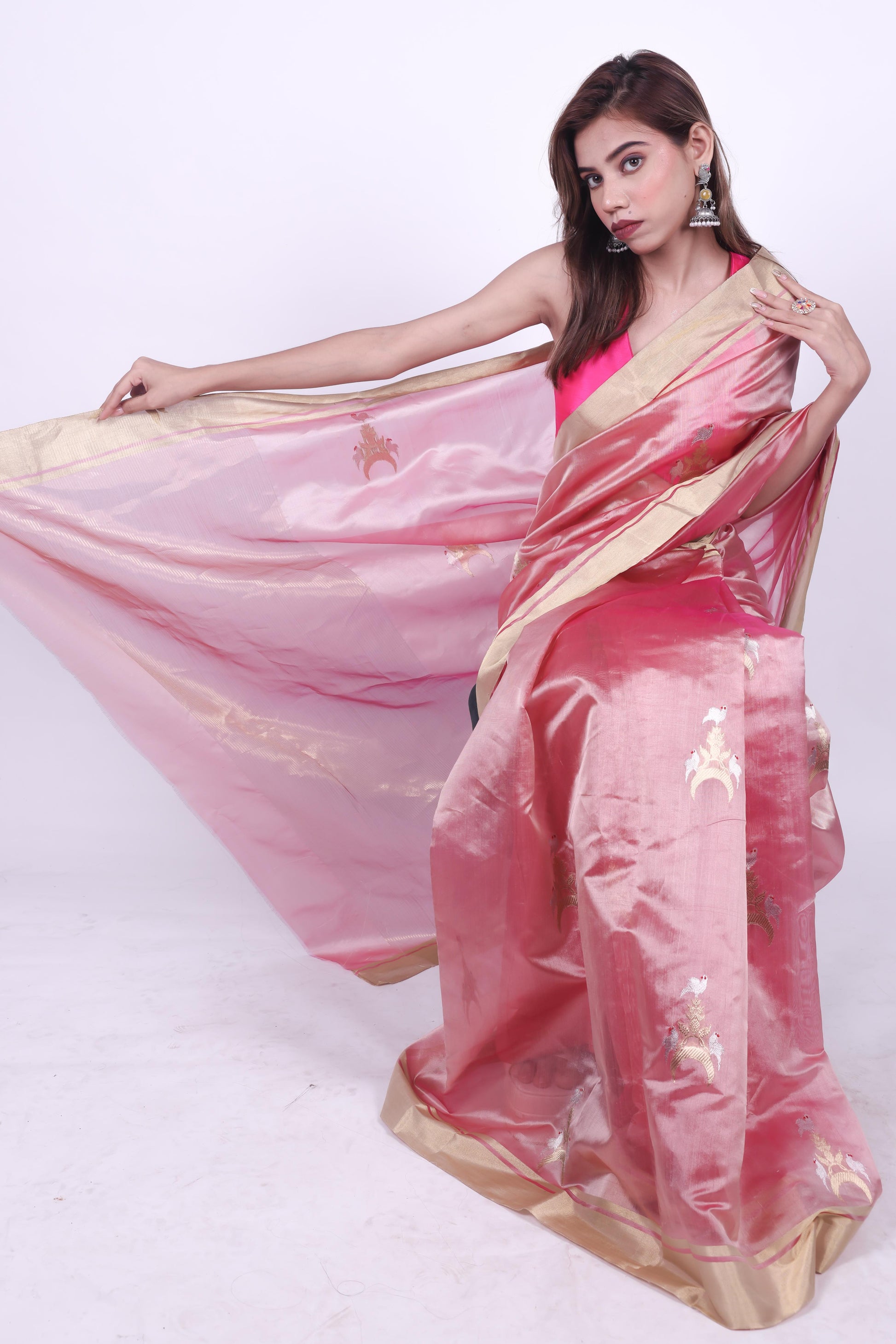 Pink pure chanderi silk handwoven saree with eknaliya Chand Chidiya motif,4