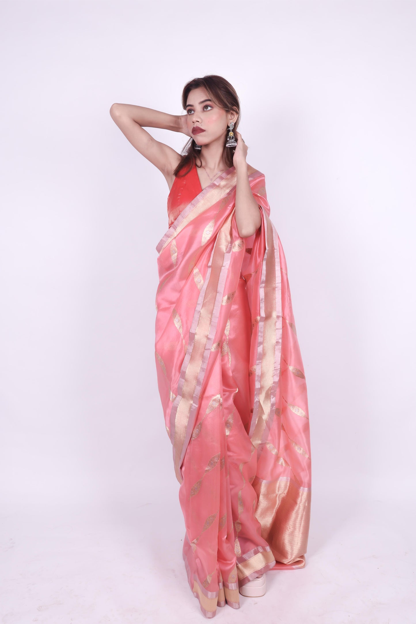 Pink pure handwoven chanderi silk saree in eknaliya zaal butti and nakashi border