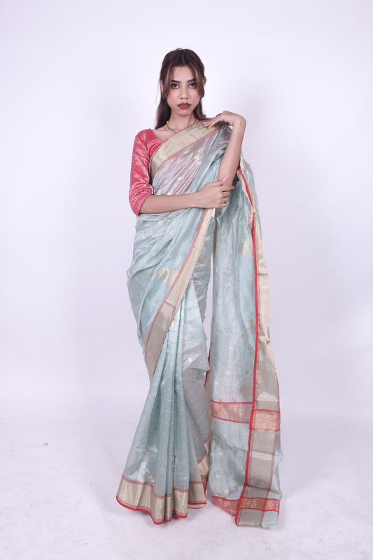 Iced blue pure handwoven chanderi silk saree with  woven zari checks and polkas,1