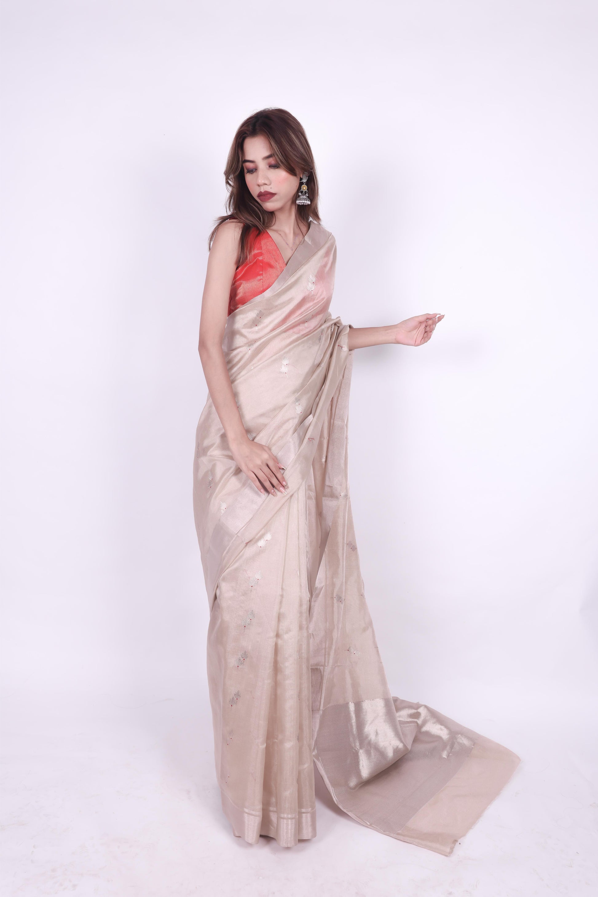 Beige pure chanderi tissue silk saree with meenakari butti,4