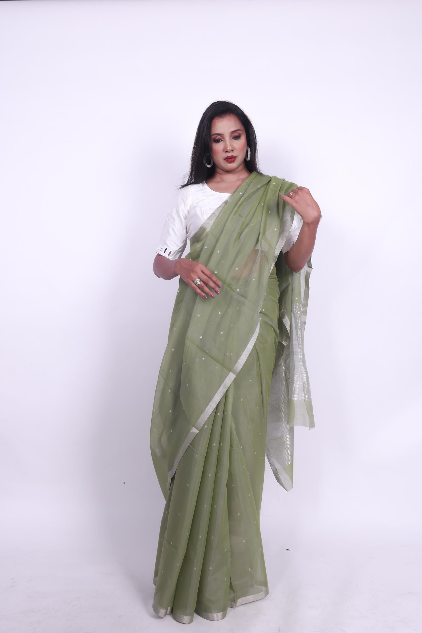 Pista green  pure chanderi cotton star butti saree with silver selvage