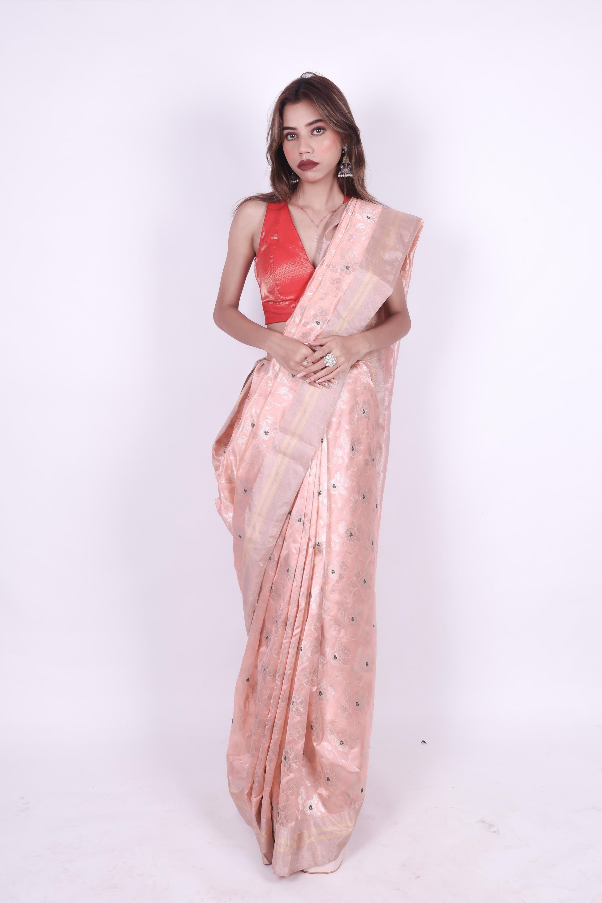 Peach pink pure chanderi silk handwoven saree with phool patti zaal weaving,1