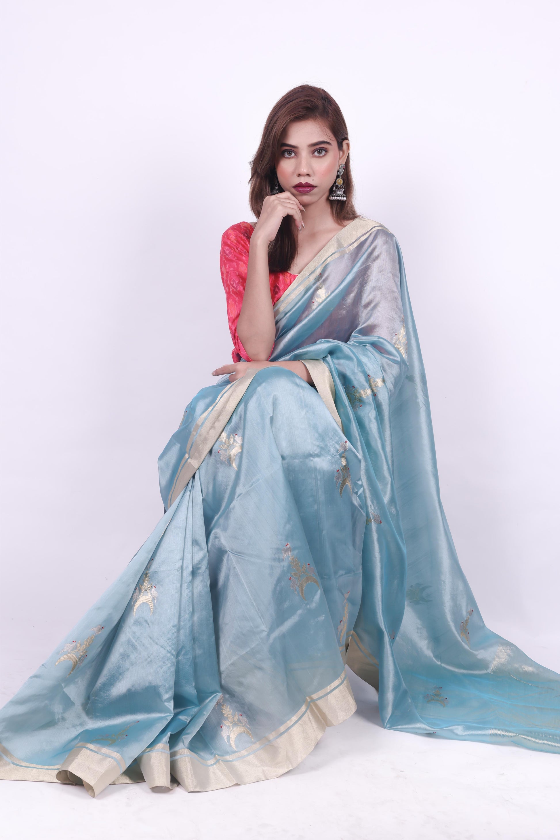 Iced blue pure handwoven chanderi silk saree with chaand Chidiya butti,3