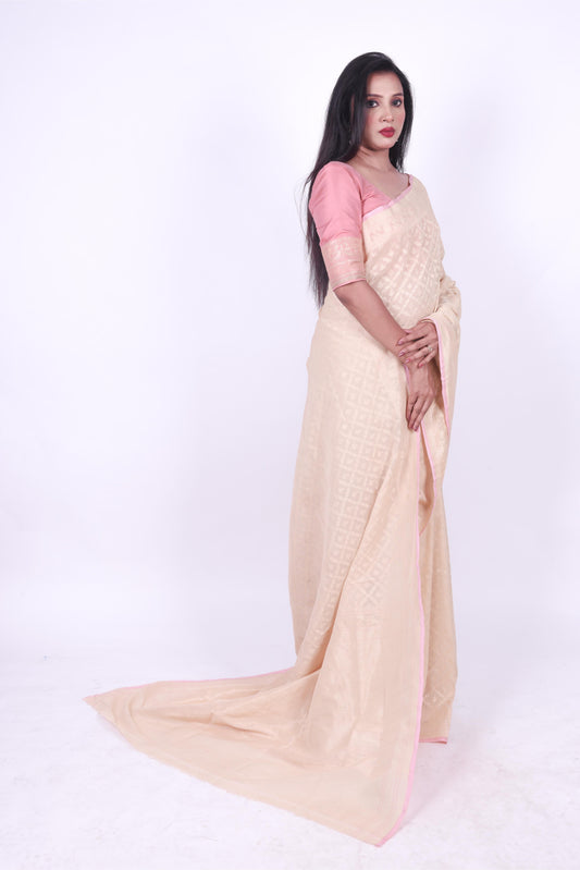 Soft beige pure cotton jamdani handwoven Banarashi zaal saree,1