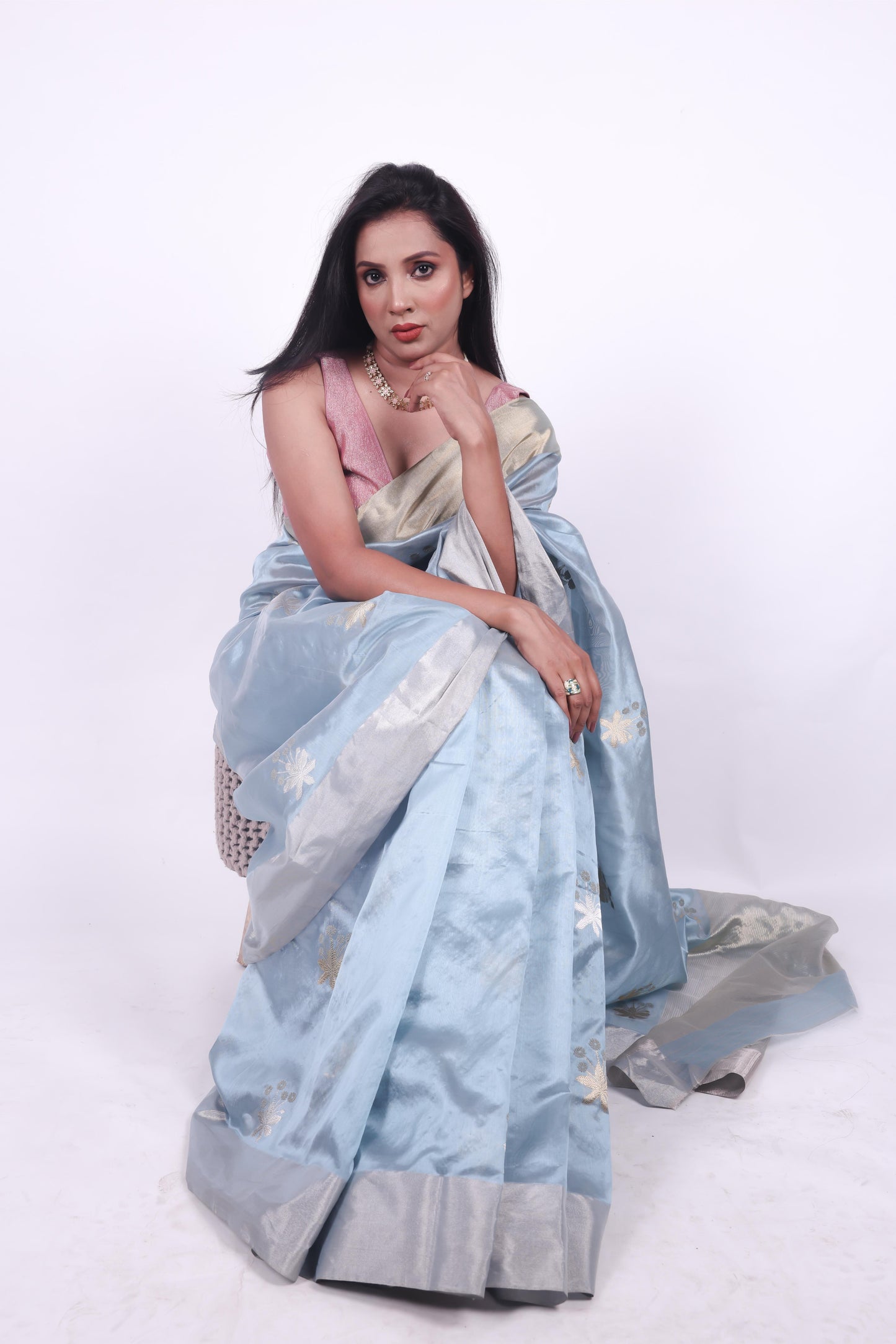 Iced blue pure chanderi silk handwoven saree with meenakari phool butti,4