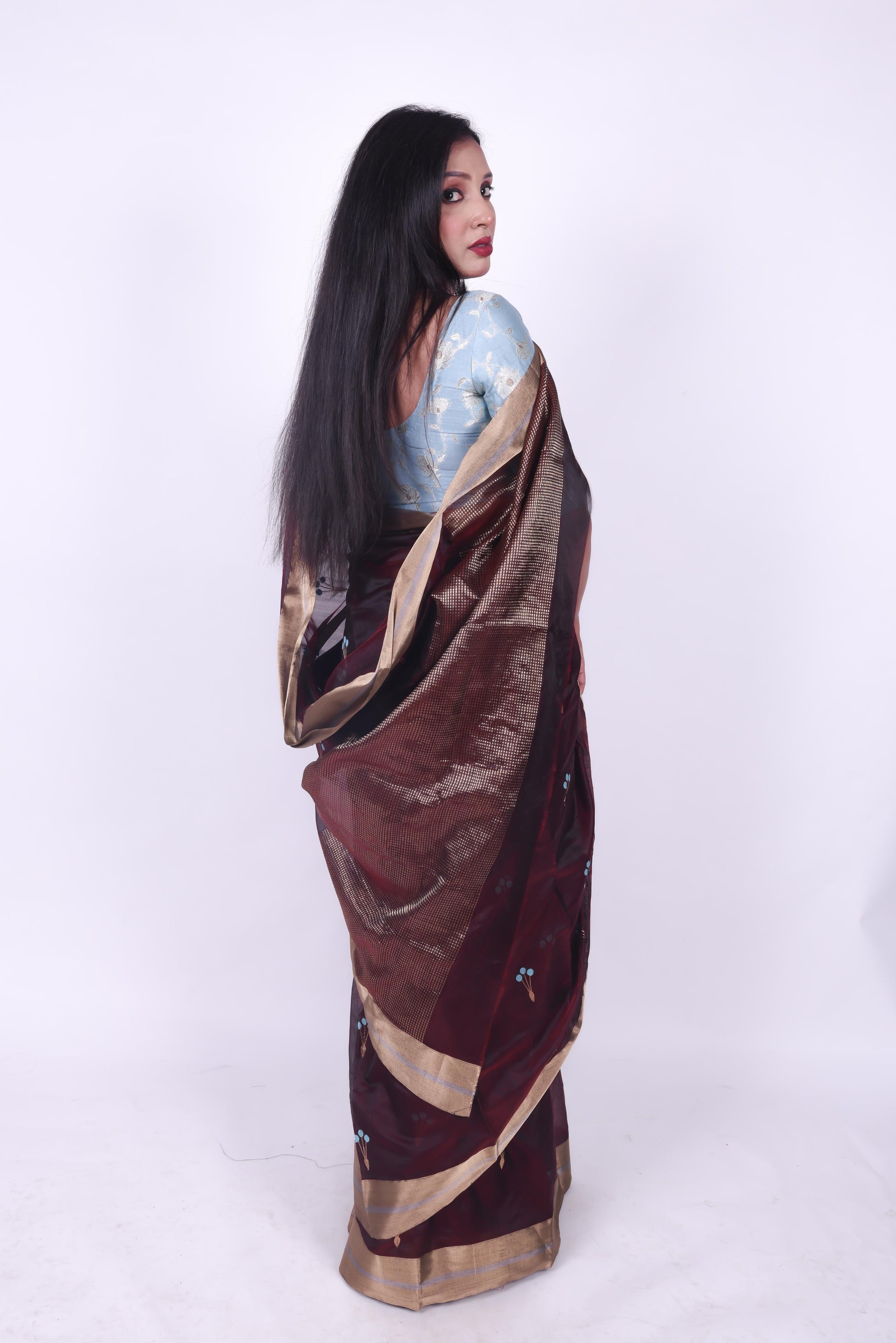 Wine pure chanderi silk handwoven saree with eknaliya meenakari butti,3