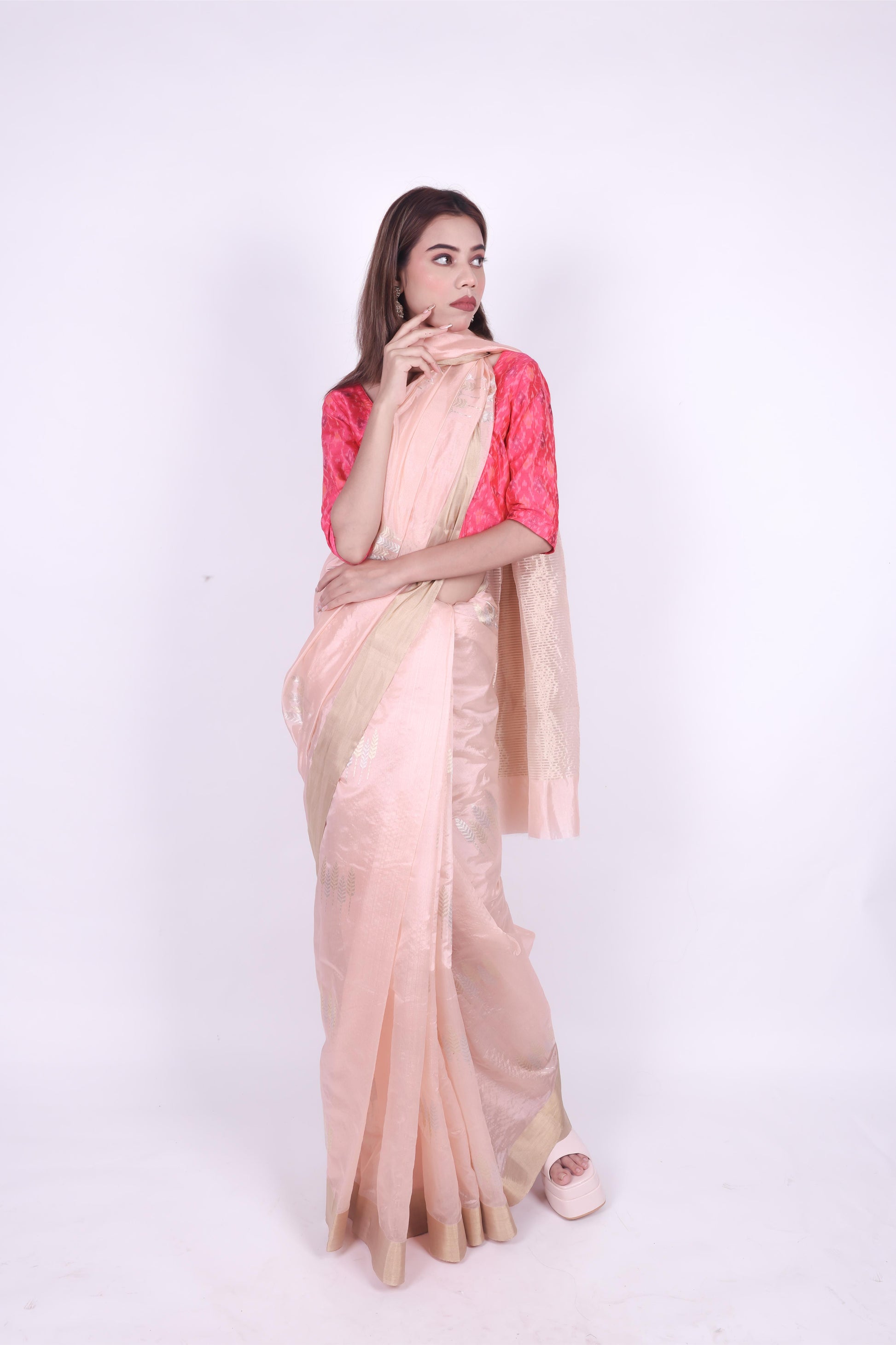 Peach pink pure chanderi silk handwoven saree with meenakari butti, front angle