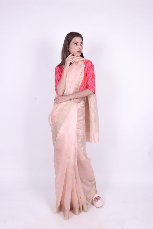 Peach pink pure chanderi silk handwoven saree with meenakari butti, front angle