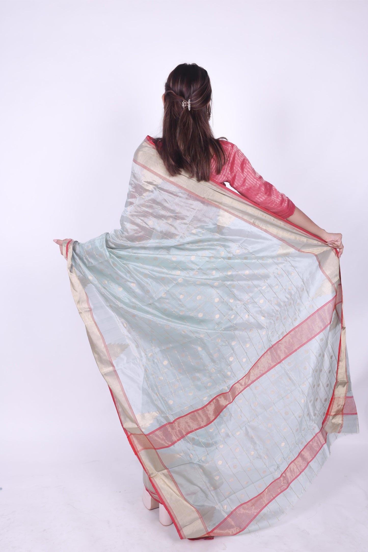 Iced blue pure handwoven chanderi silk saree with  woven zari checks and polkas,4