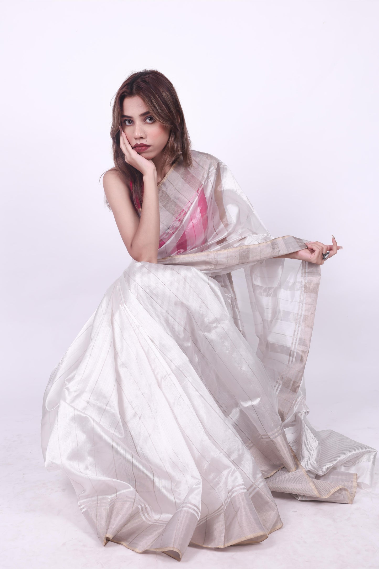 White pure handwoven chanderi silk and tissue stripe saree,4