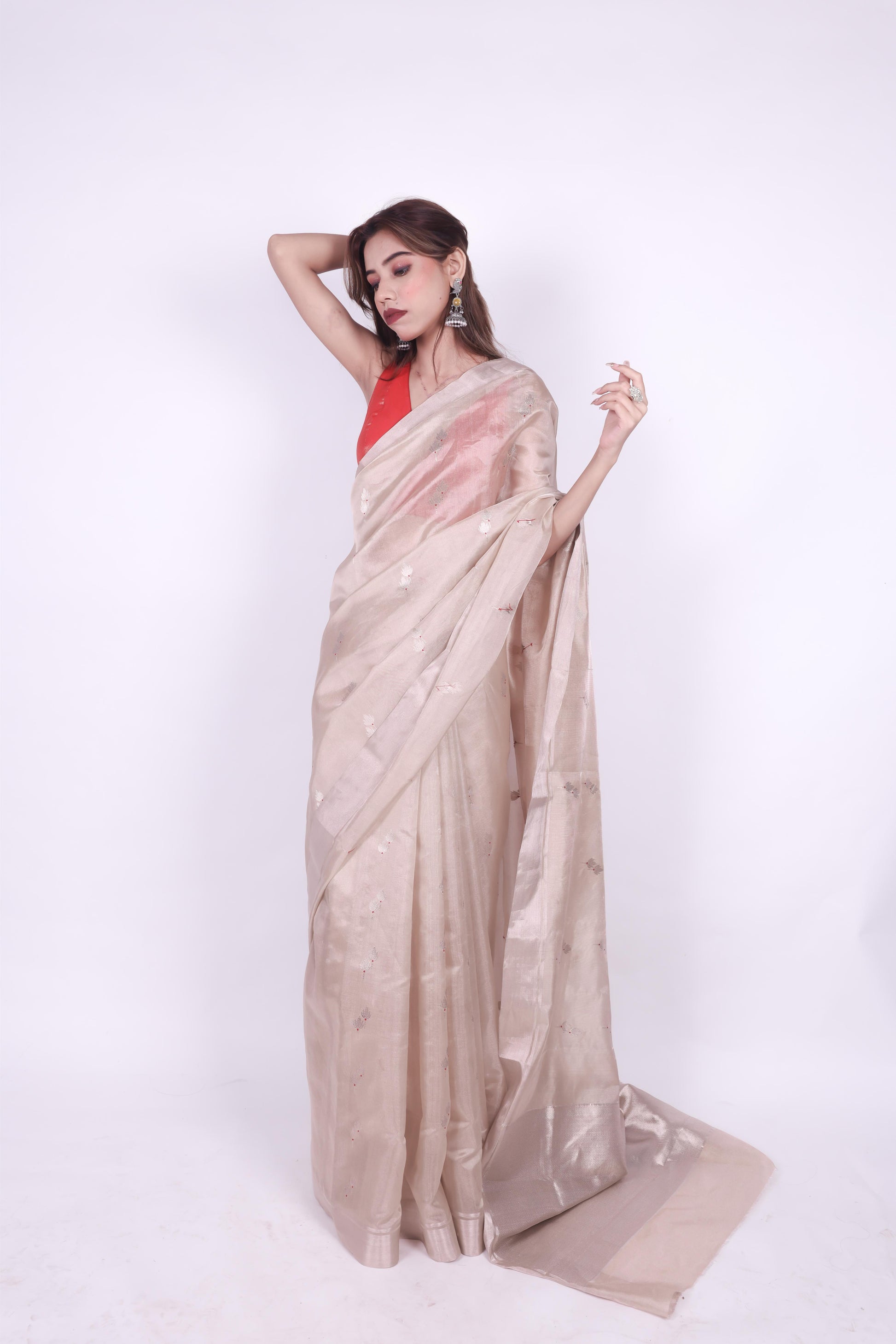 Beige pure chanderi tissue silk saree with meenakari butti,5