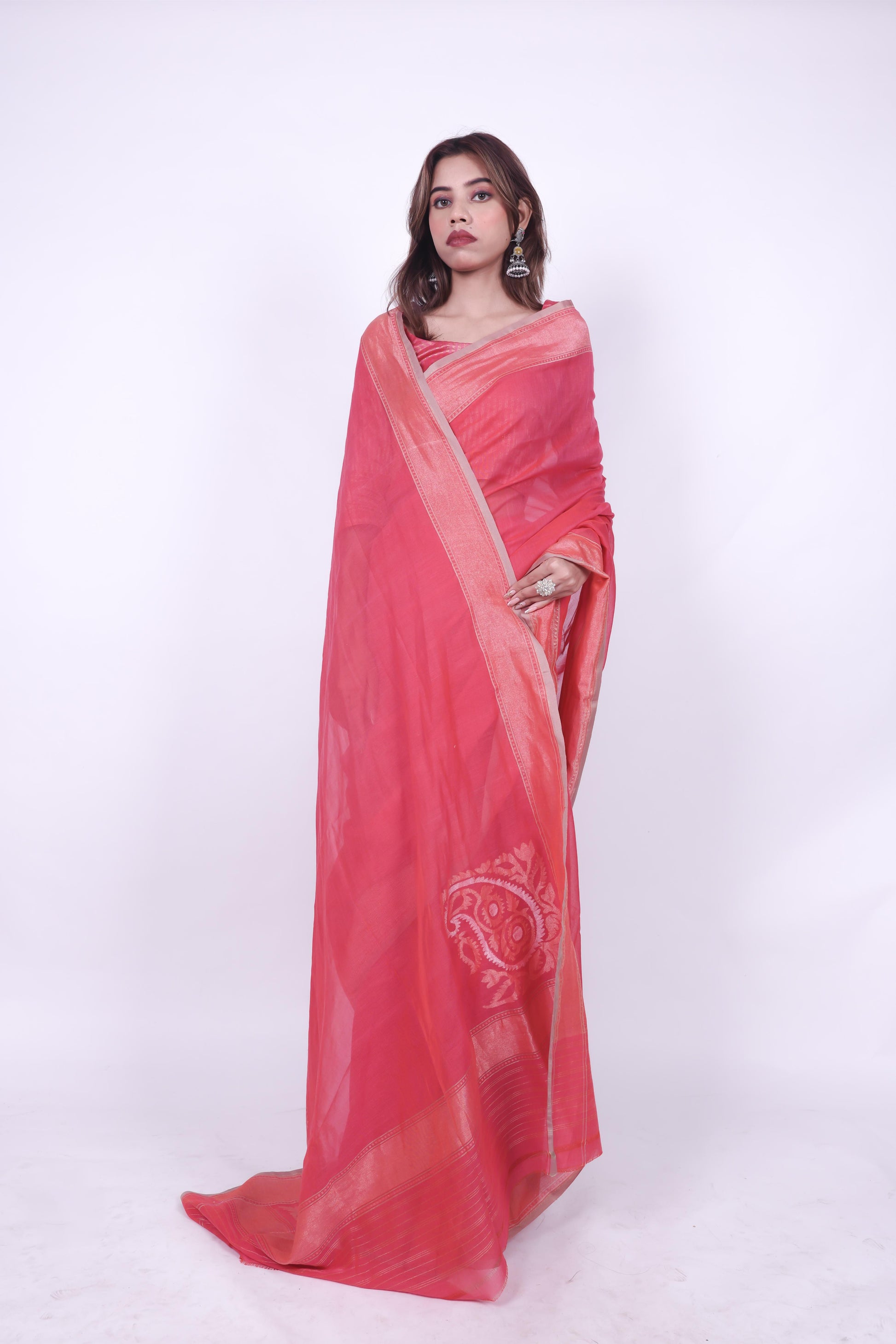 Dark pink pure cotton plain Banarashi saree with Nakashi border and woven ambi on pallu,2