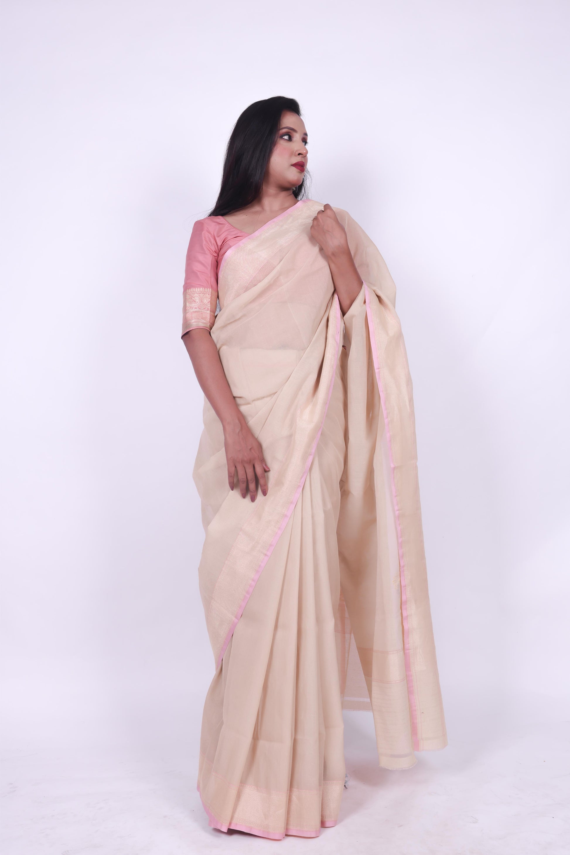 Soft beige pure cotton plain Banarashi saree with Nakashi border,2