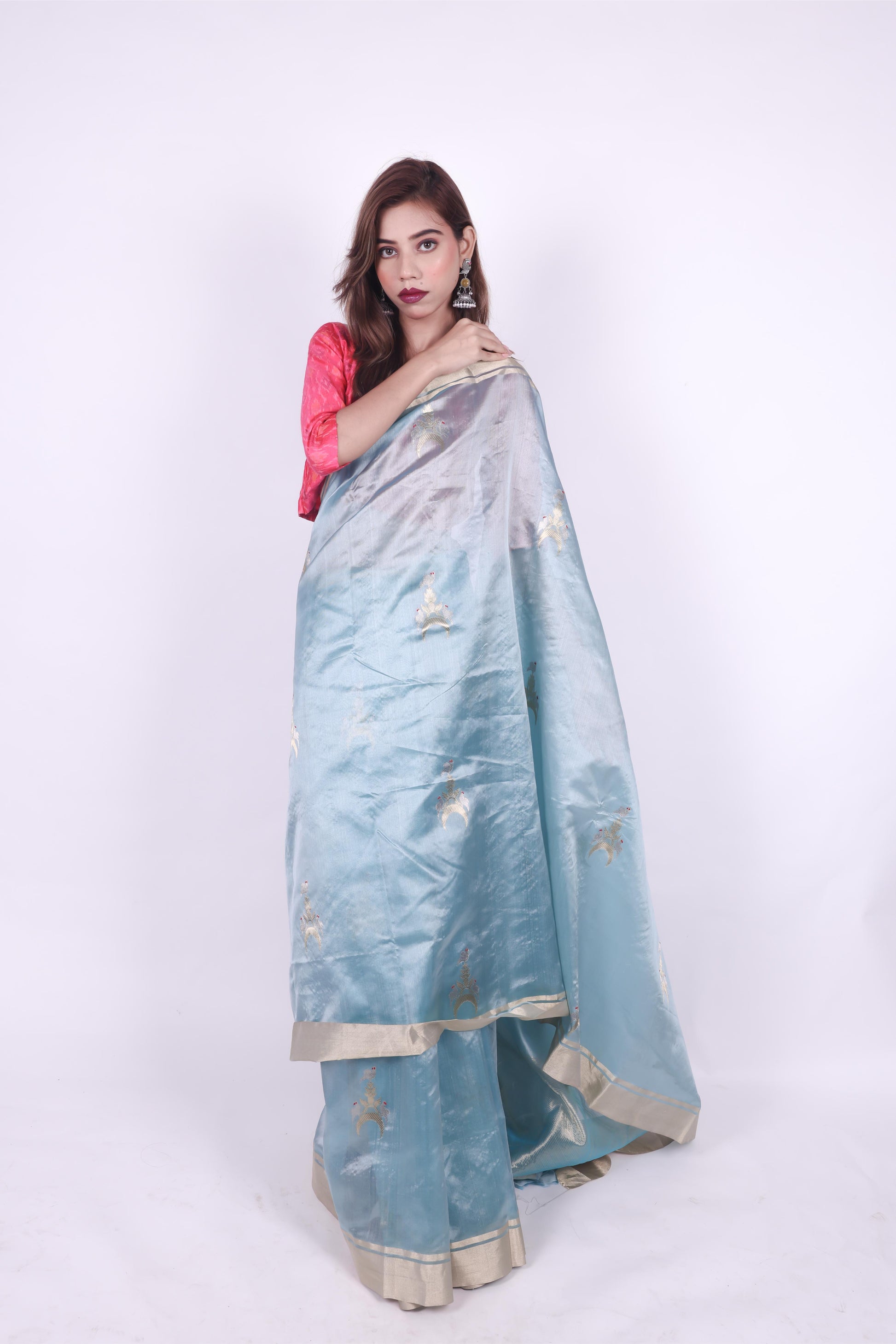 Iced blue pure handwoven chanderi silk saree with chaand Chidiya butti,1