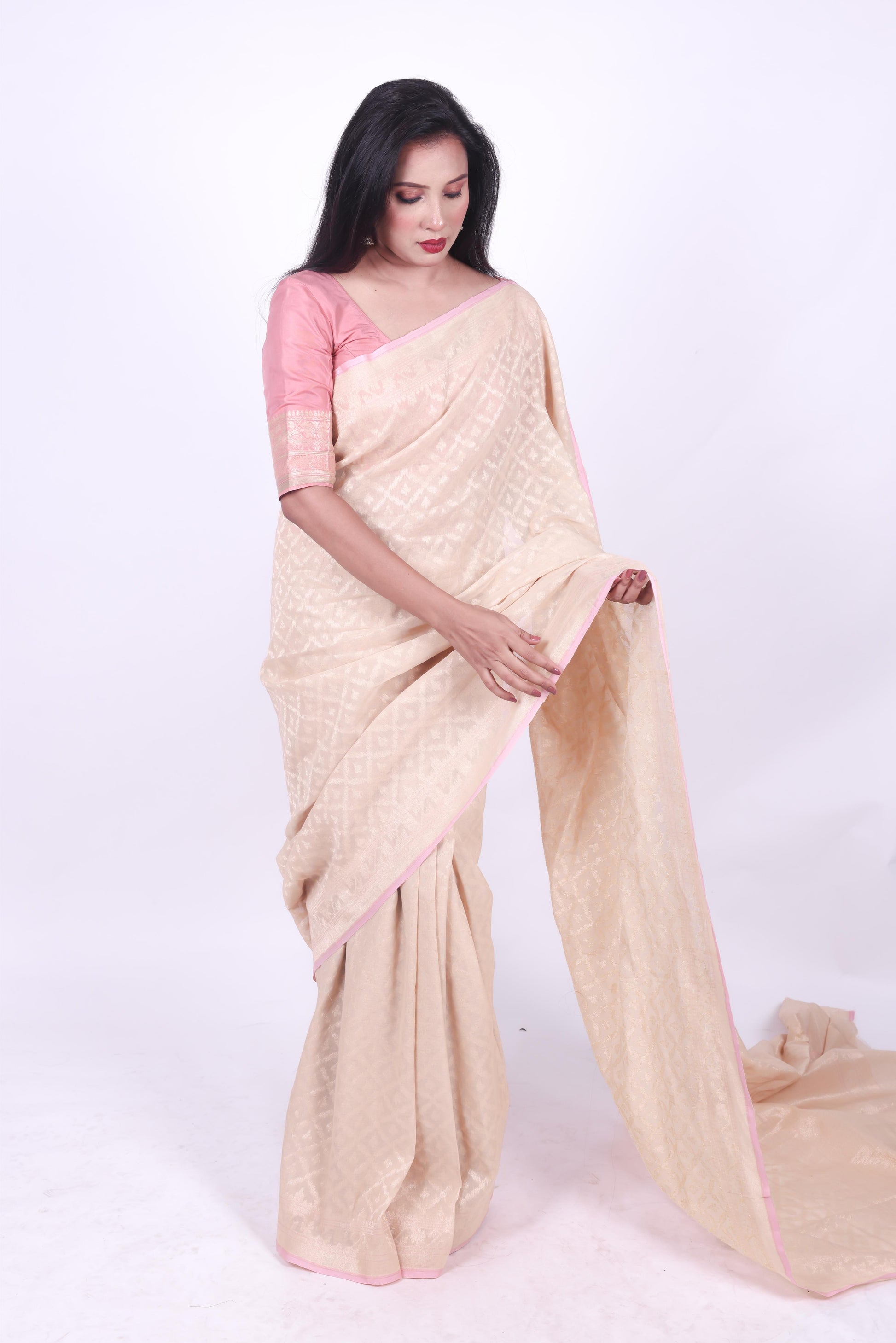 Soft beige pure cotton jamdani handwoven Banarashi zaal saree,2