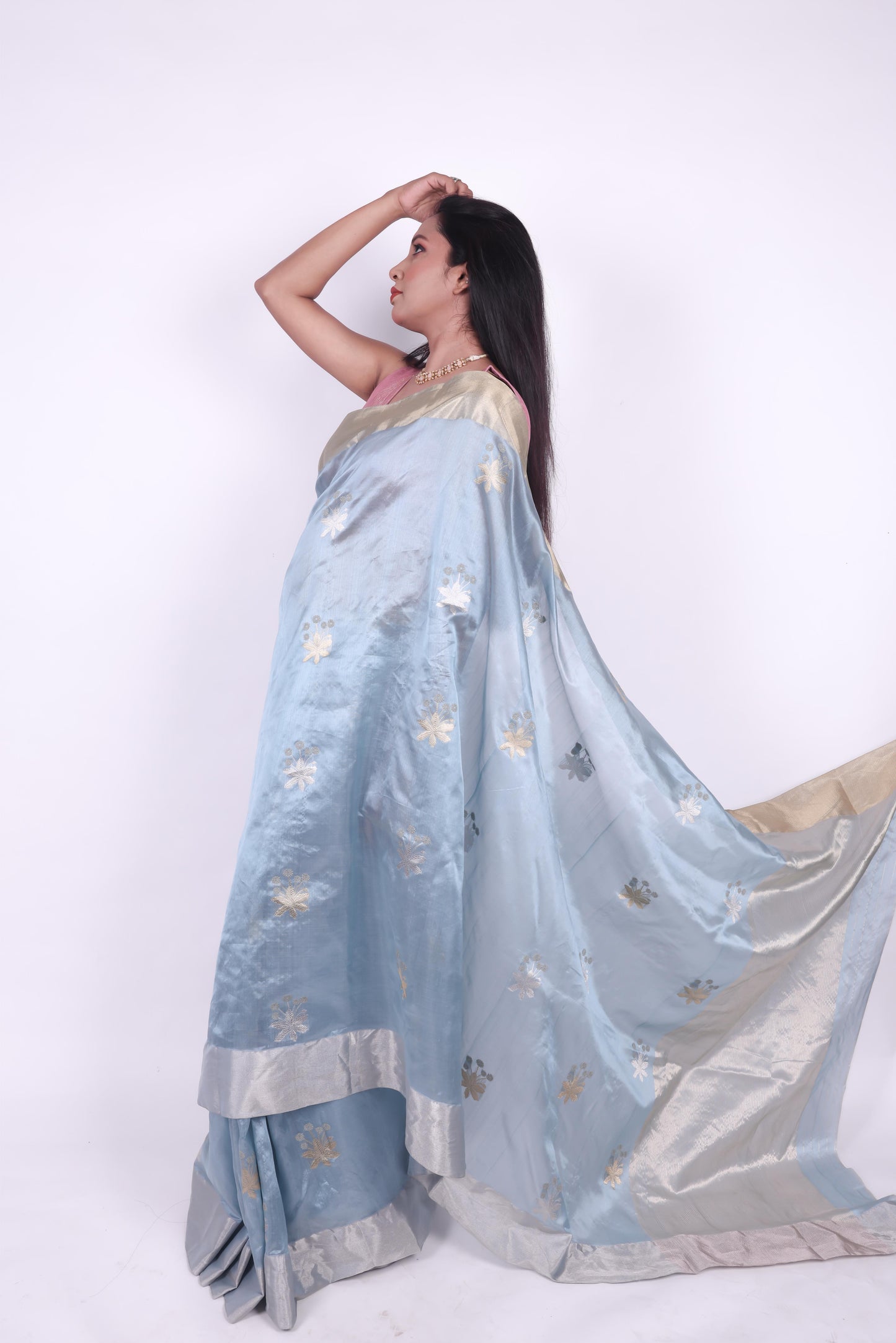 Iced blue pure chanderi silk handwoven saree with meenakari phool butti,5