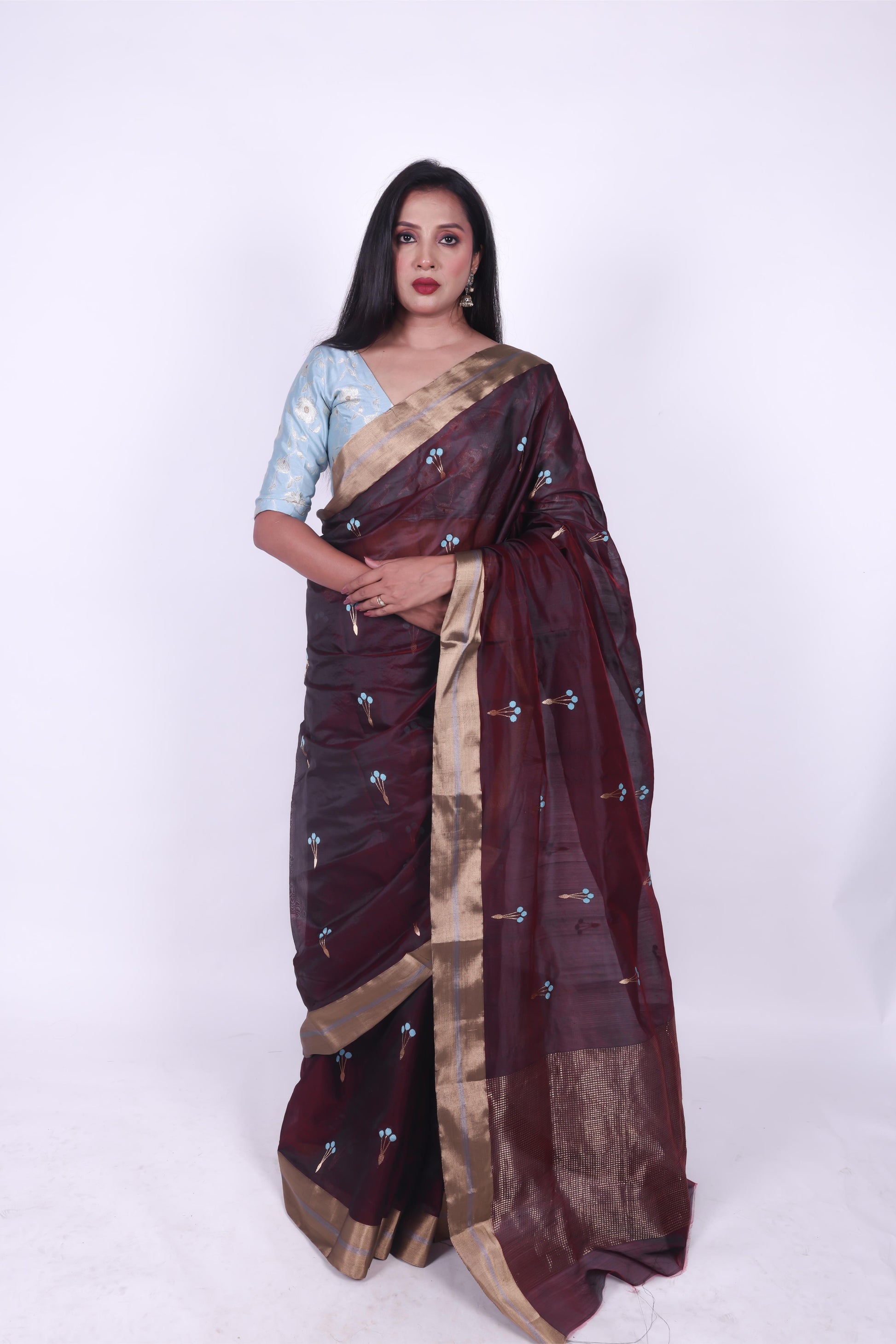 Wine pure chanderi silk handwoven saree with eknaliya meenakari butti,4