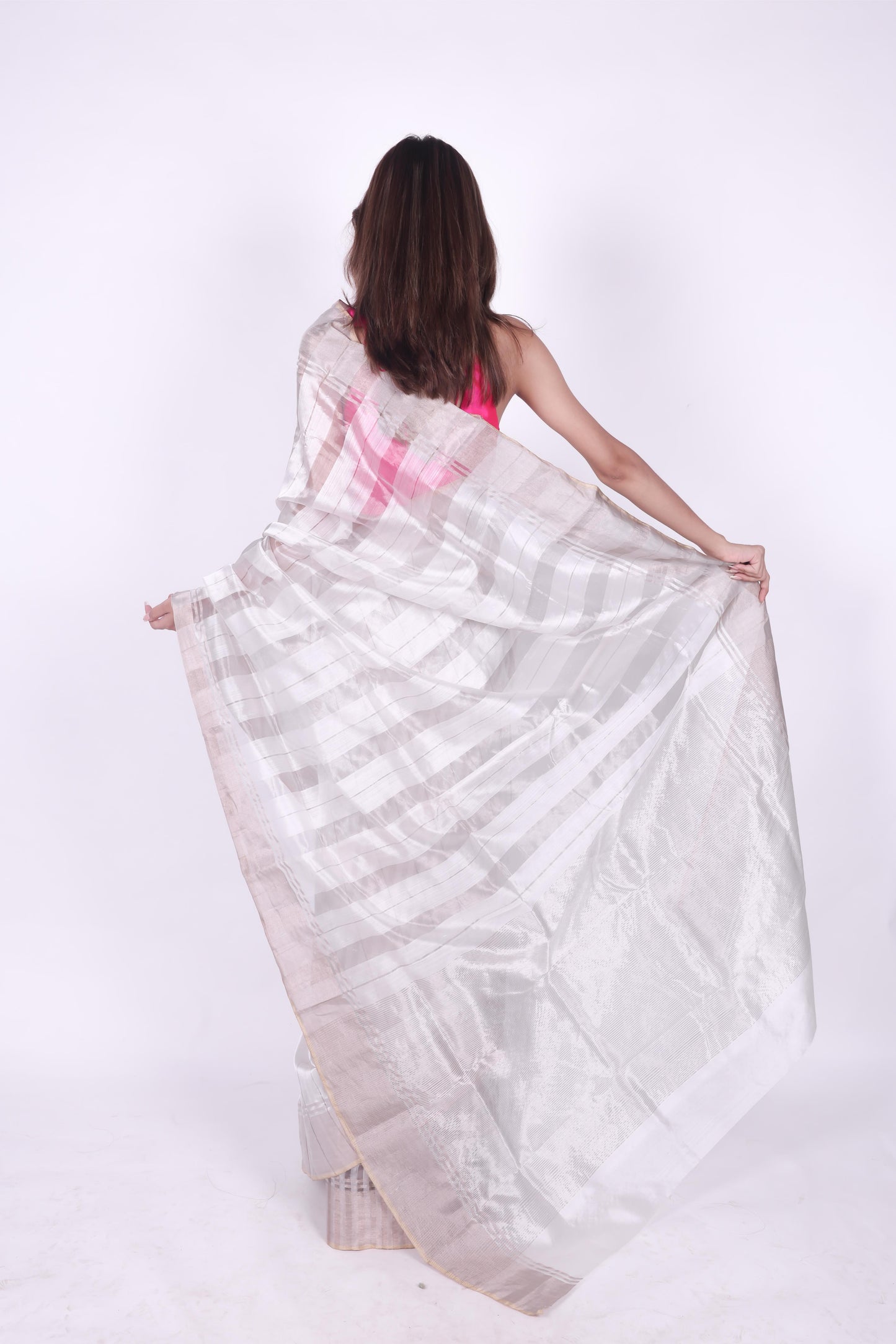 White pure handwoven chanderi silk and tissue stripe saree,5