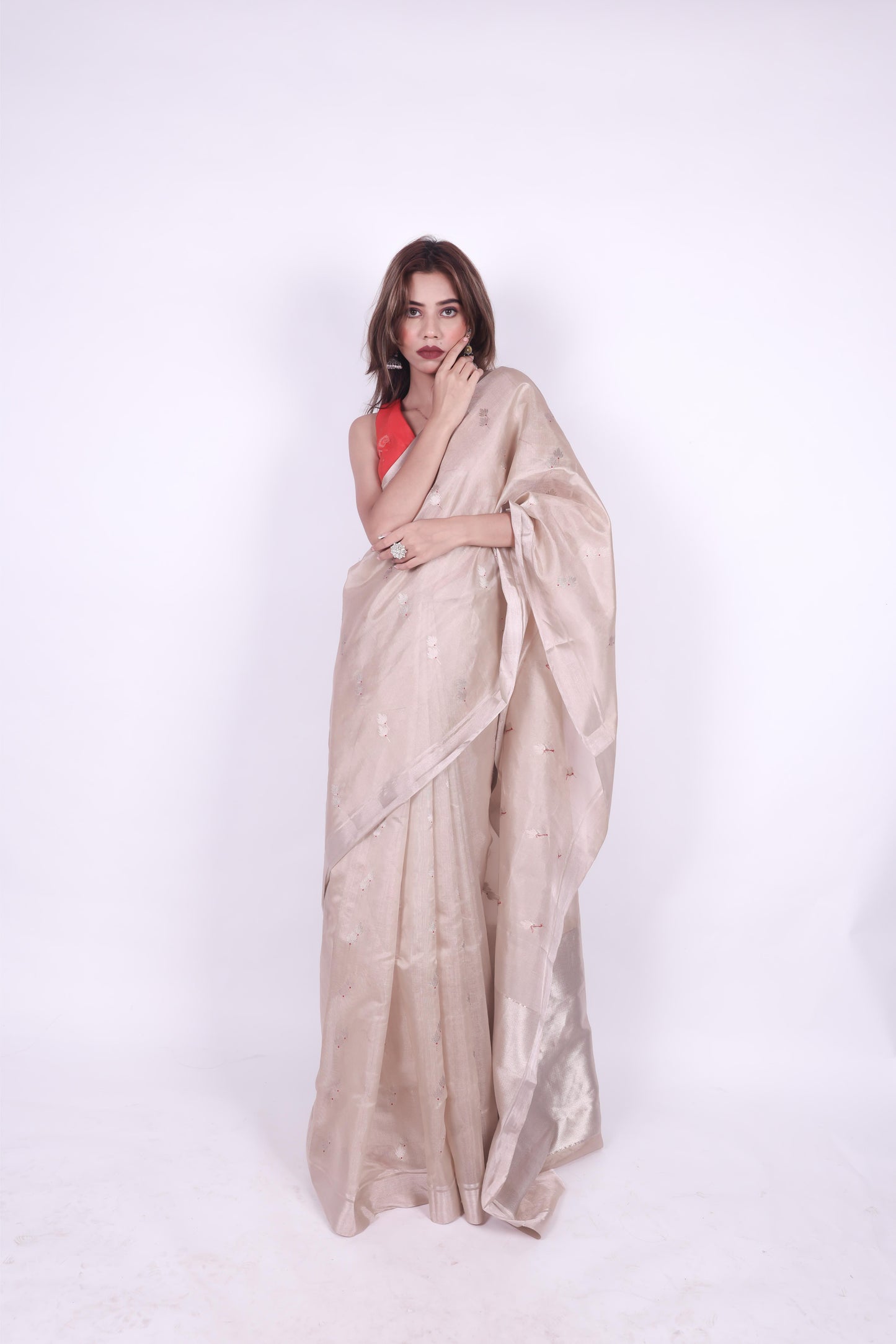 Beige pure chanderi tissue silk saree with meenakari butti,6