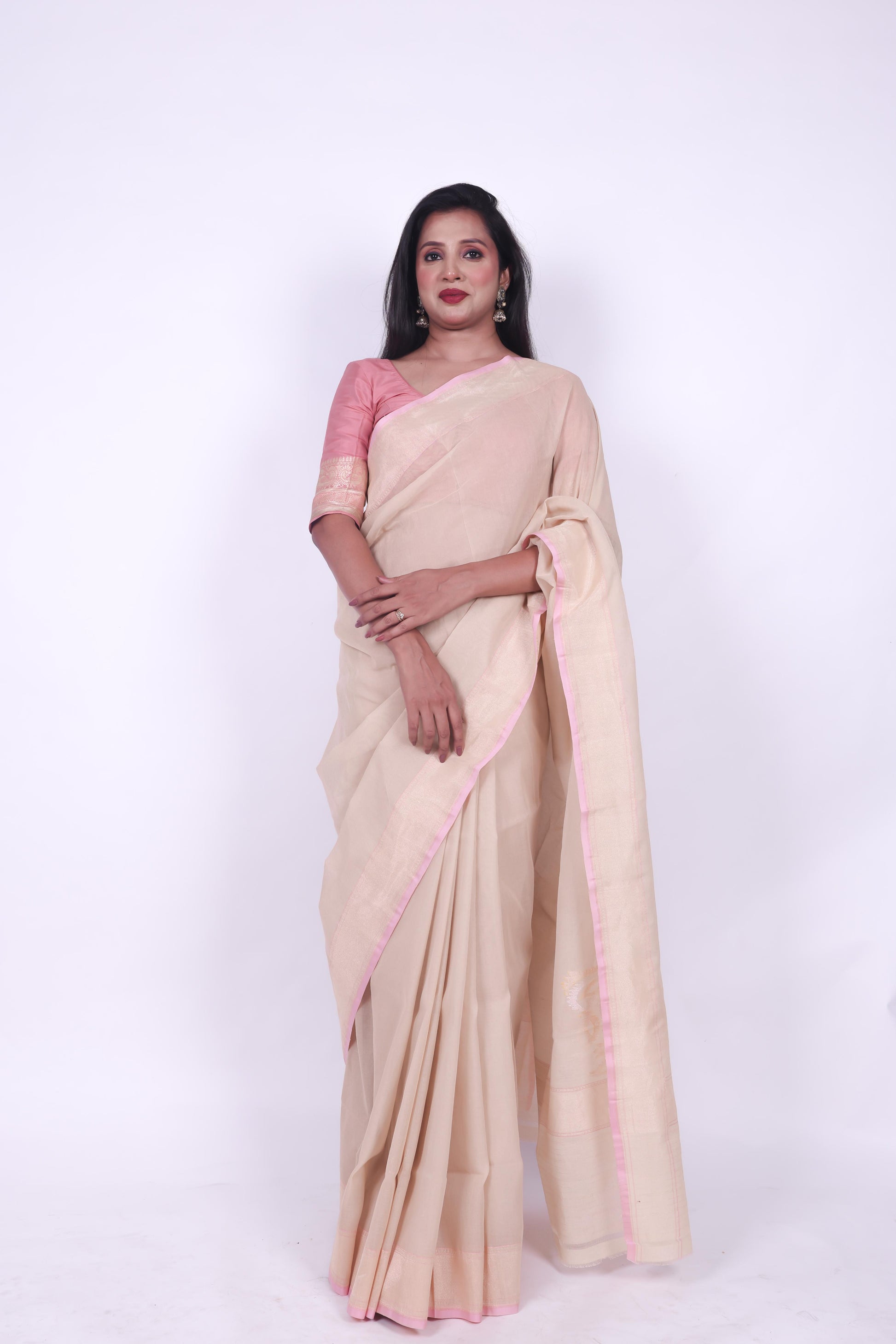 Soft beige pure cotton plain Banarashi saree with Nakashi border