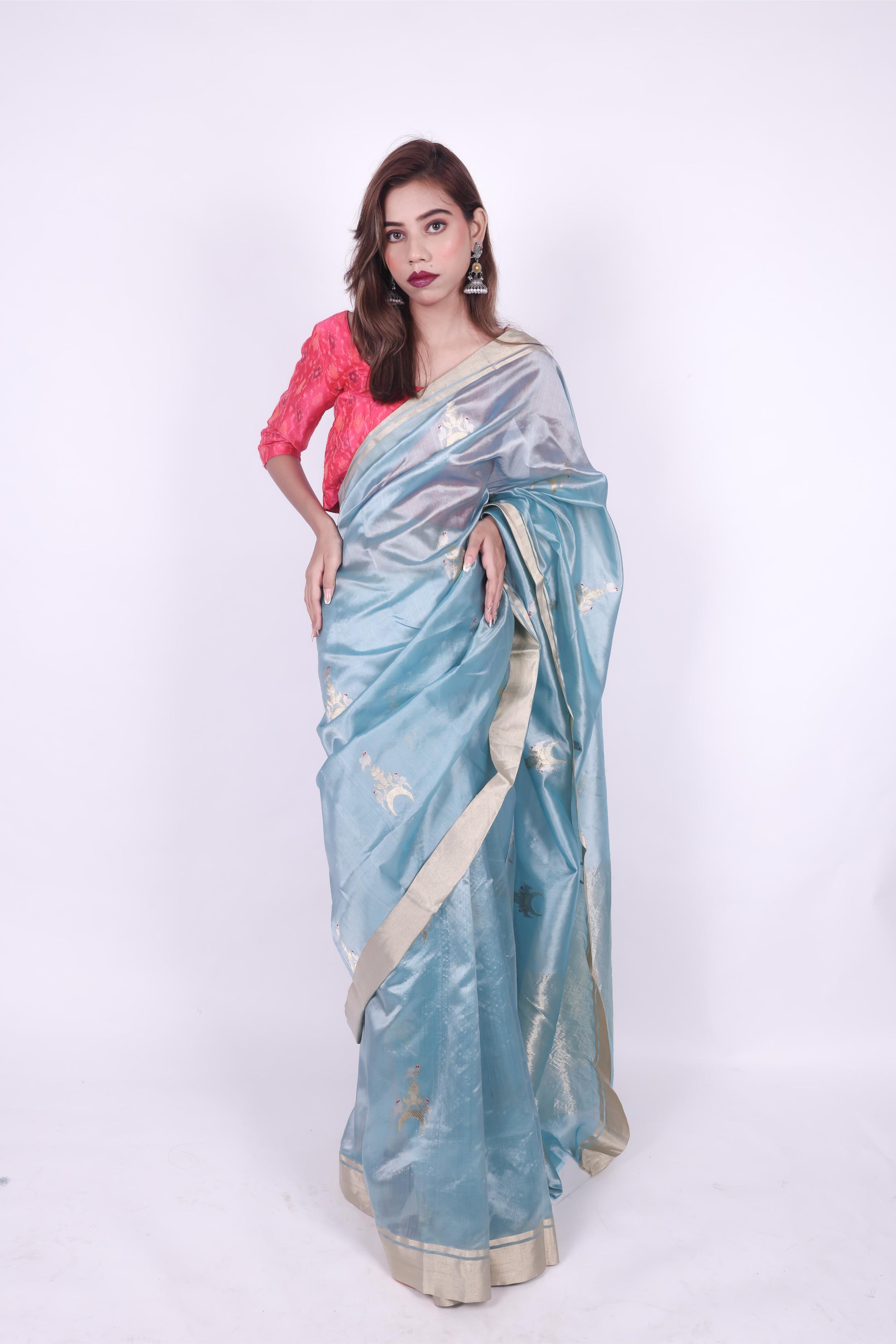Iced blue pure handwoven chanderi silk saree with chaand Chidiya butti,4