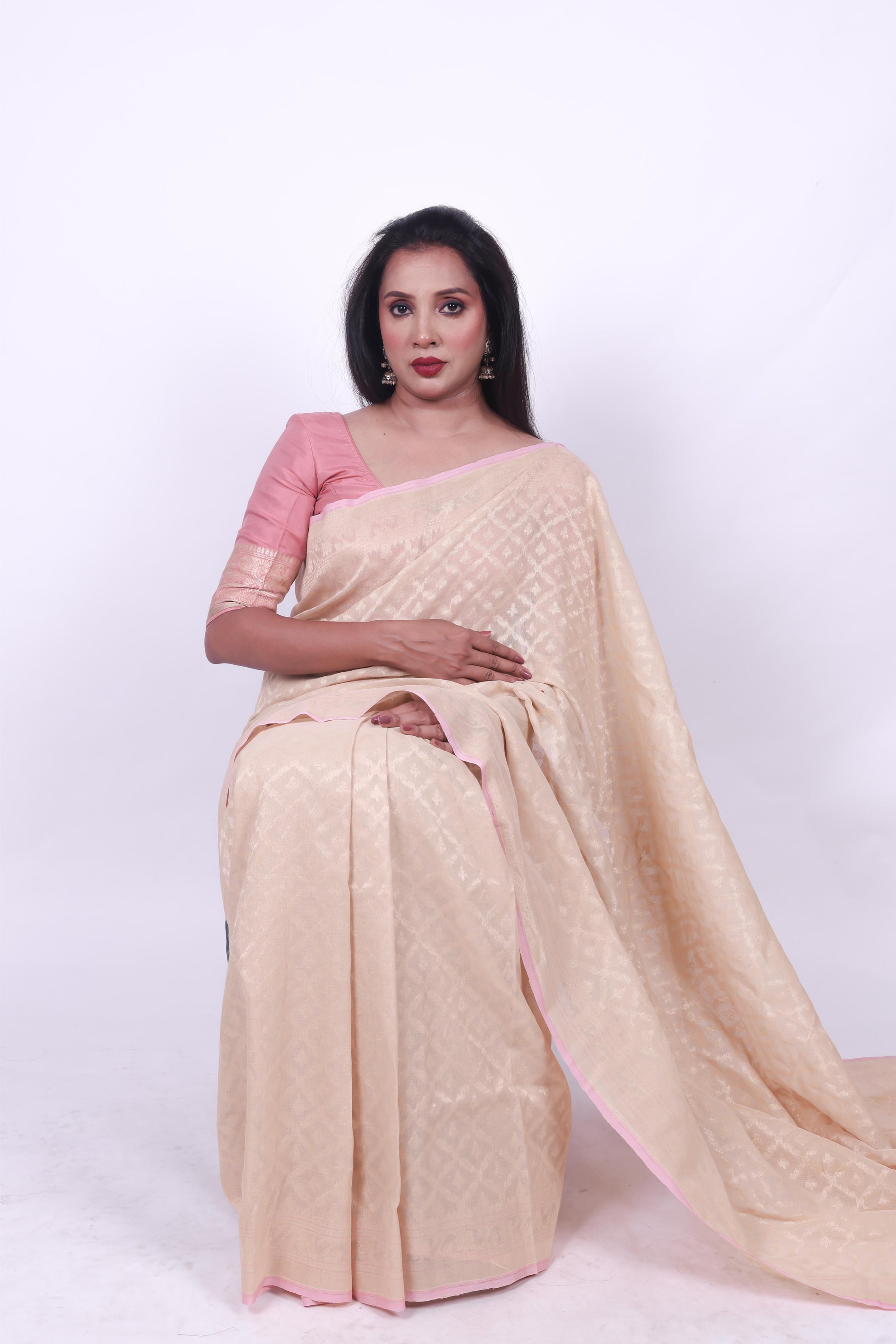 Soft beige pure cotton jamdani handwoven Banarashi zaal saree,3