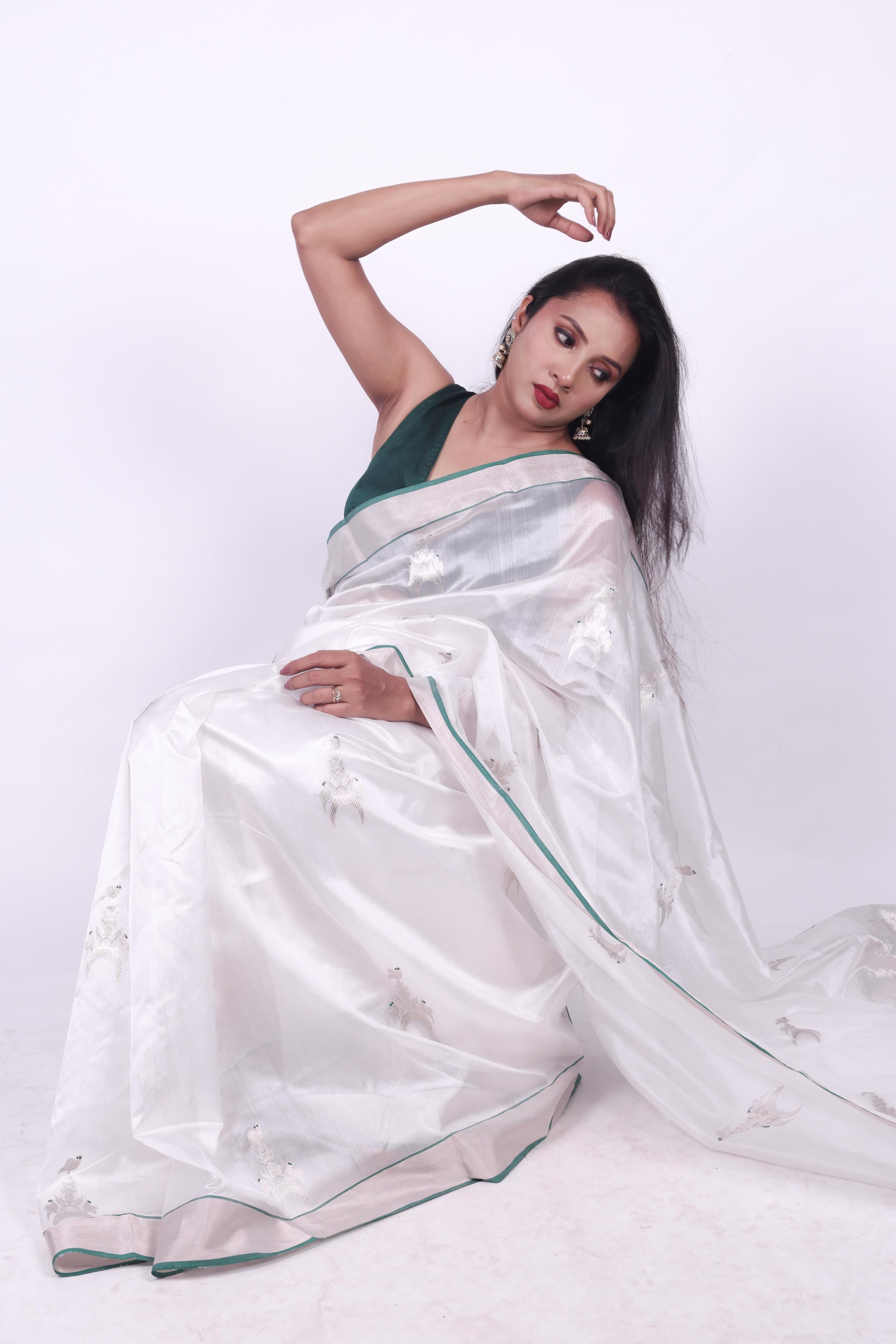 White pure chanderi silk handwoven saree with eknaliya Chand Chidiya motif,3