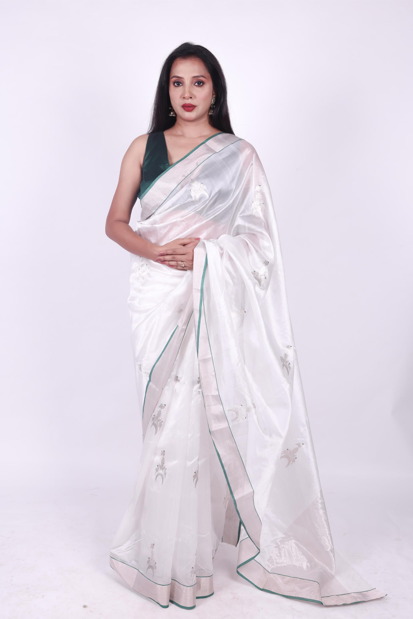 White pure chanderi silk handwoven saree with eknaliya Chand Chidiya motif,1