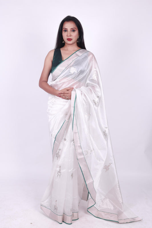 White pure chanderi silk handwoven saree with eknaliya Chand Chidiya motif,1