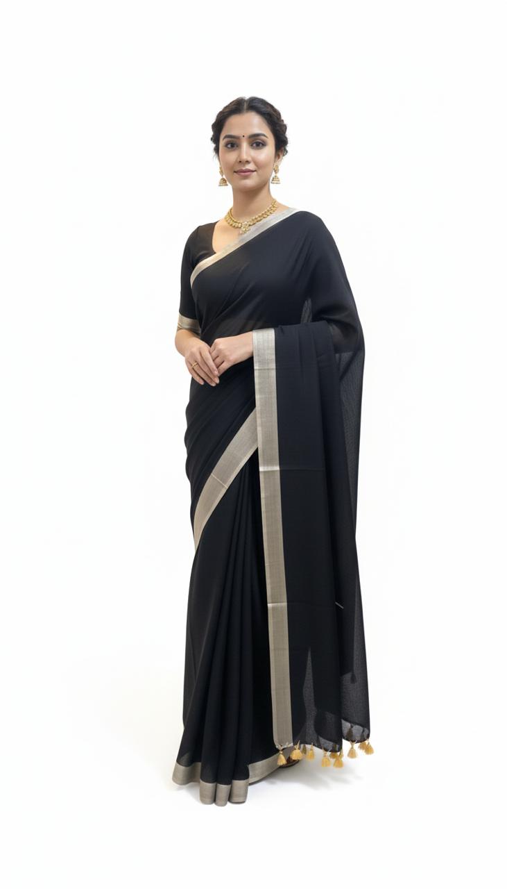 Woman wearing a black saree with gold border on a white background
