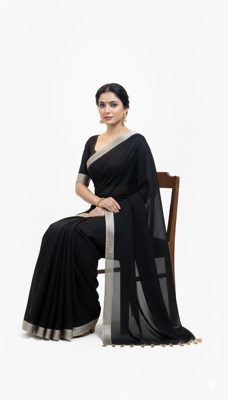 Woman wearing a black saree with a white border on a white background
