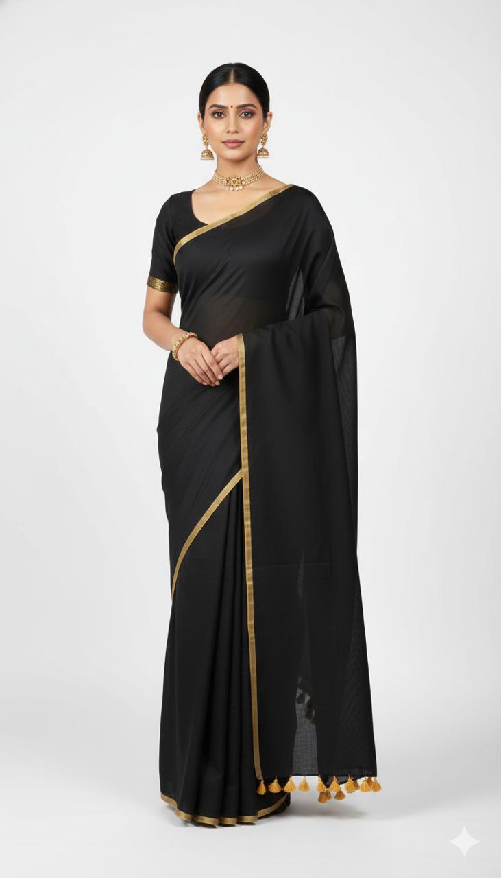 Woman wearing a black saree with gold border on a white background