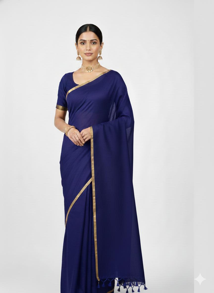 Navy blue pure handwoven khadi cotton saree with golden border and tassels