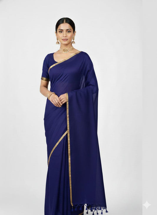 Navy blue pure handwoven khadi cotton saree with golden border and tassels